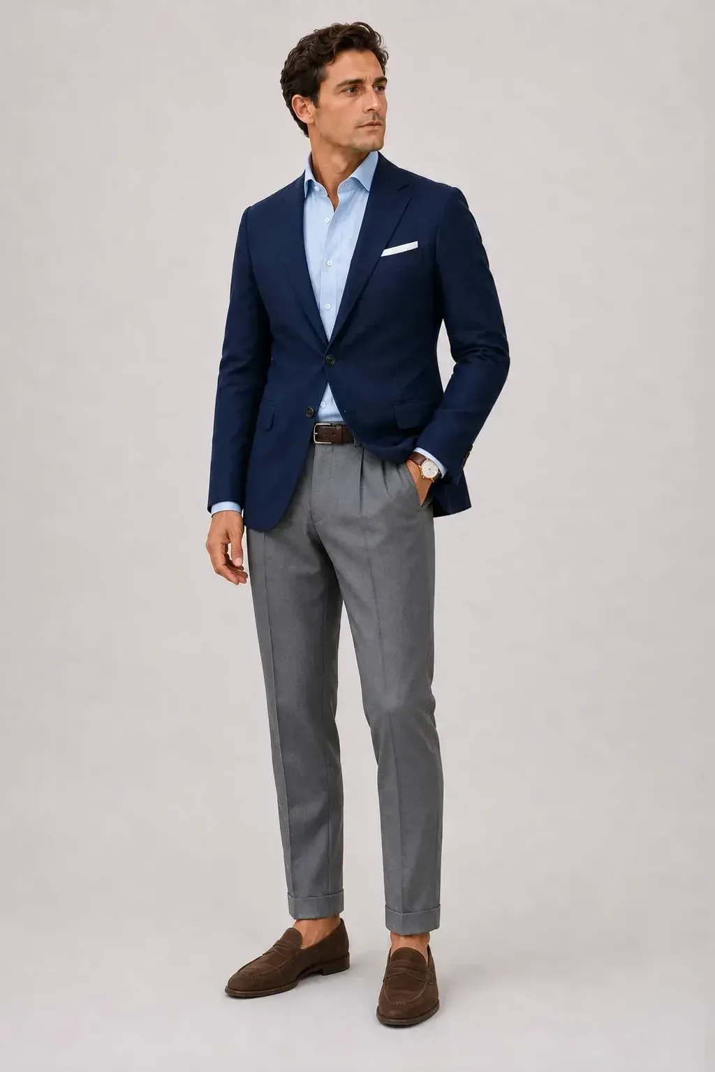 Sakko Navy über Button-Down-Hemd, dazu Bundfaltenhose Mittelgrau und Penny Loafer Wildleder