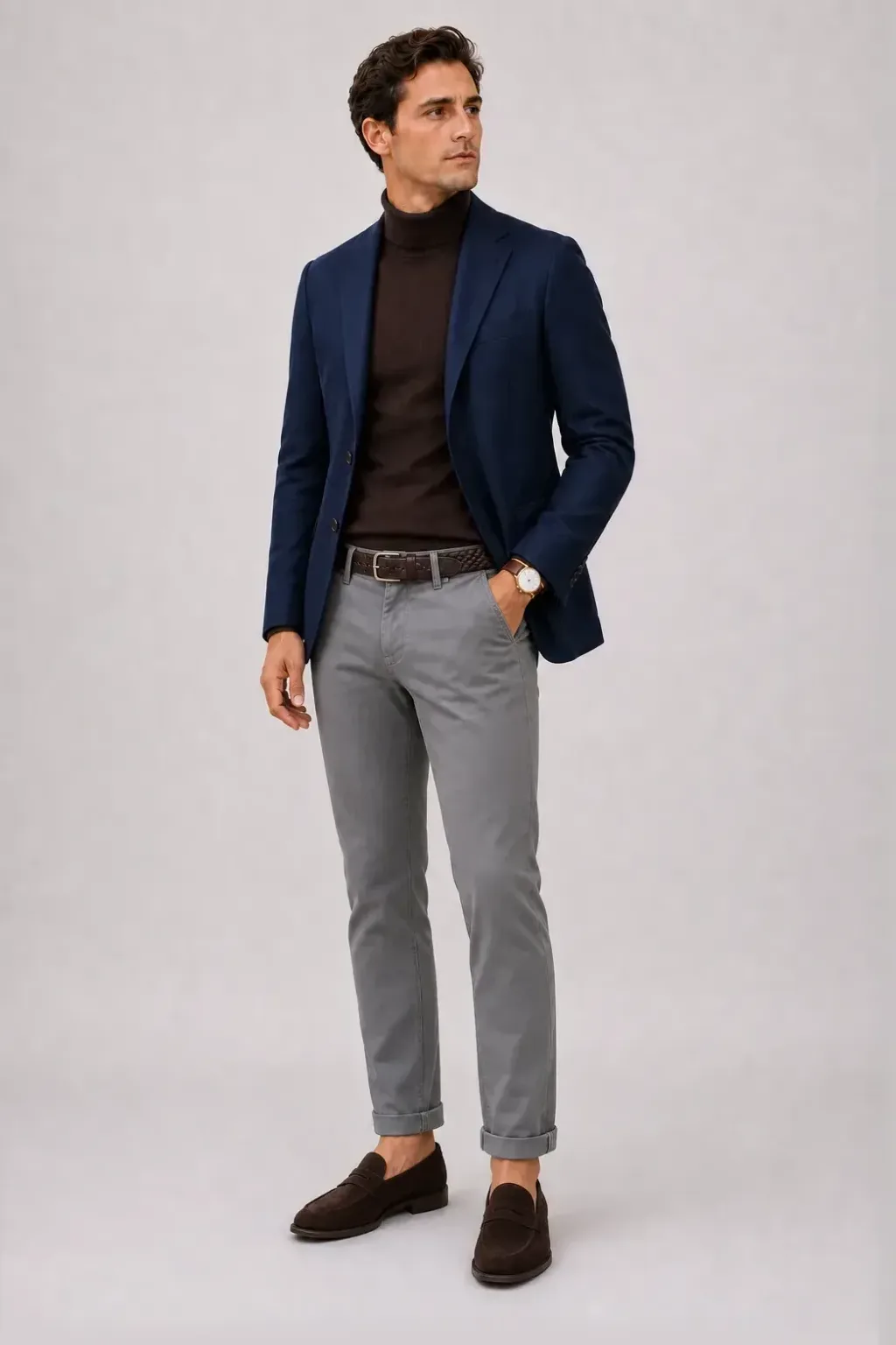 Field Jacket Oliv über Rollkragenpullover, dazu Chino Mittelgrau und Penny Loafer Wildleder — Sakko Navy