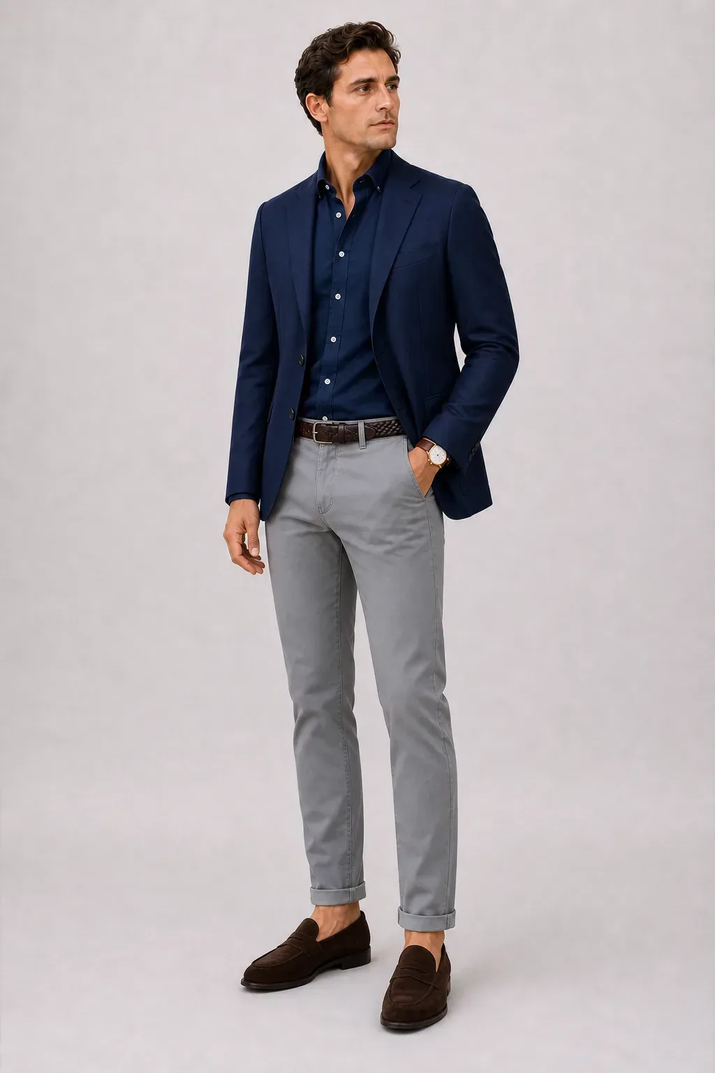 Sakko Navy über Button-Down-Hemd, dazu Chino Mittelgrau und Penny Loafer Wildleder