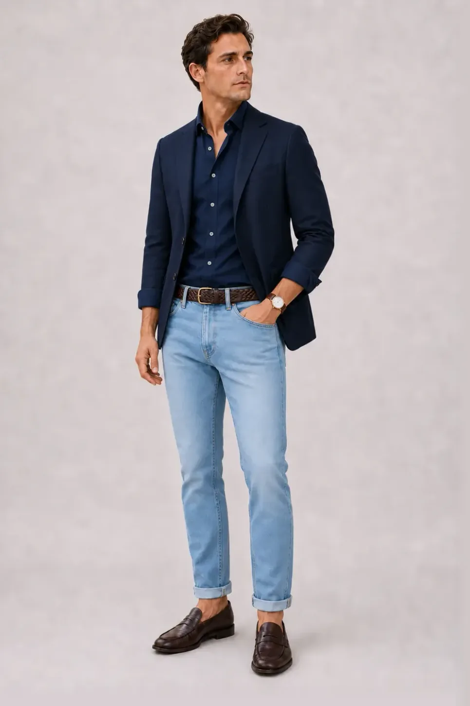 Sakko Navy über Button-Down-Hemd, dazu Jeans Hellblau und Penny Loafer