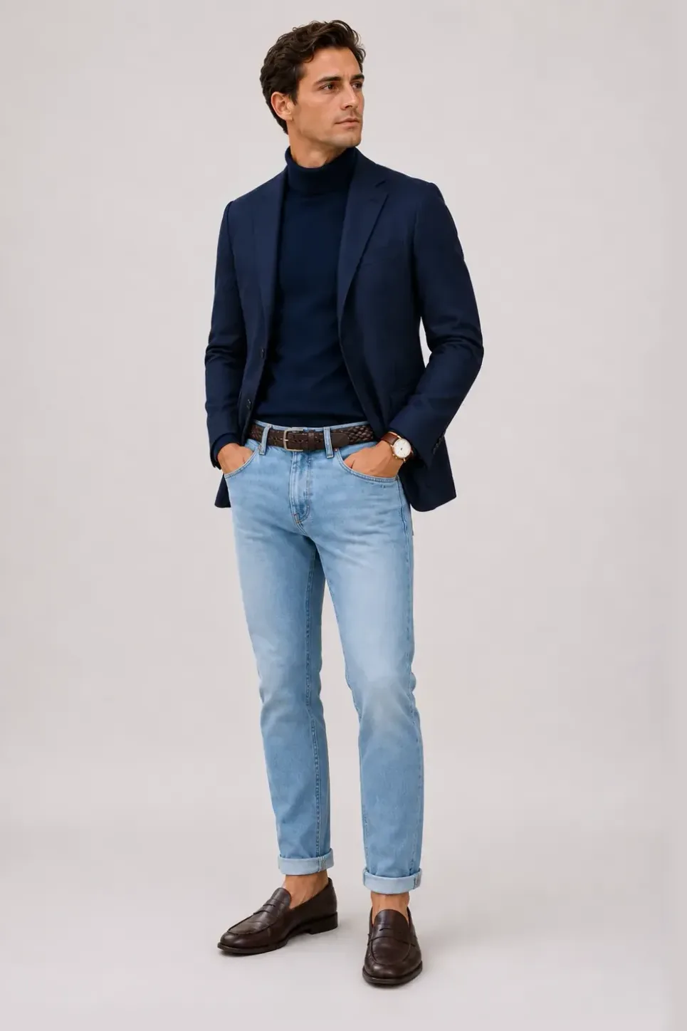 Sakko Navy über Rollkragenpullover, dazu Jeans Hellblau und Penny Loafer