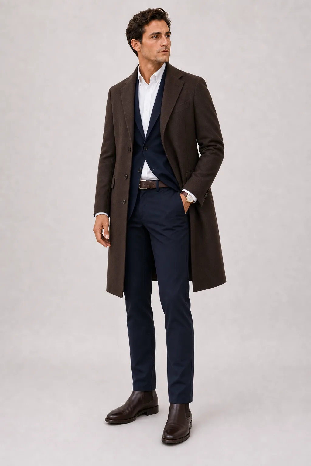 Langer Mantel Schokobraun über Sakko Navy und Button-Down-Hemd Weiss, dazu Chino Navy und Chelsea Boot