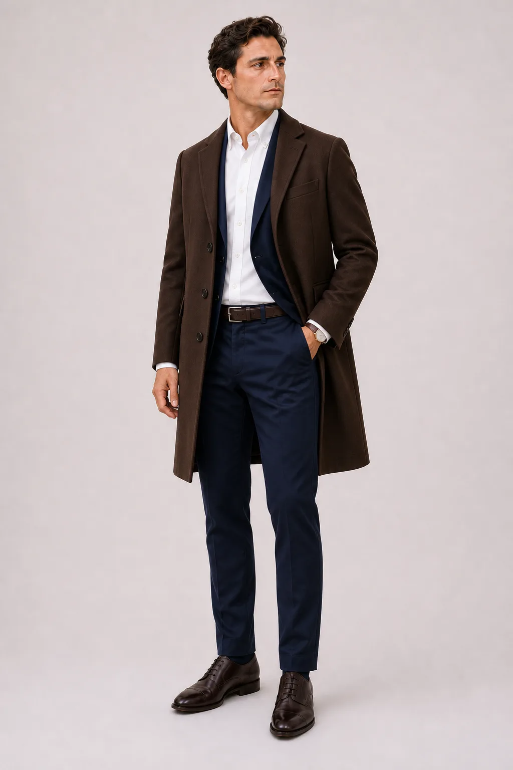 Langer Mantel Schokobraun über Sakko Navy und Button-Down-Hemd Weiss, dazu Chino Navy und Chelsea Boot
