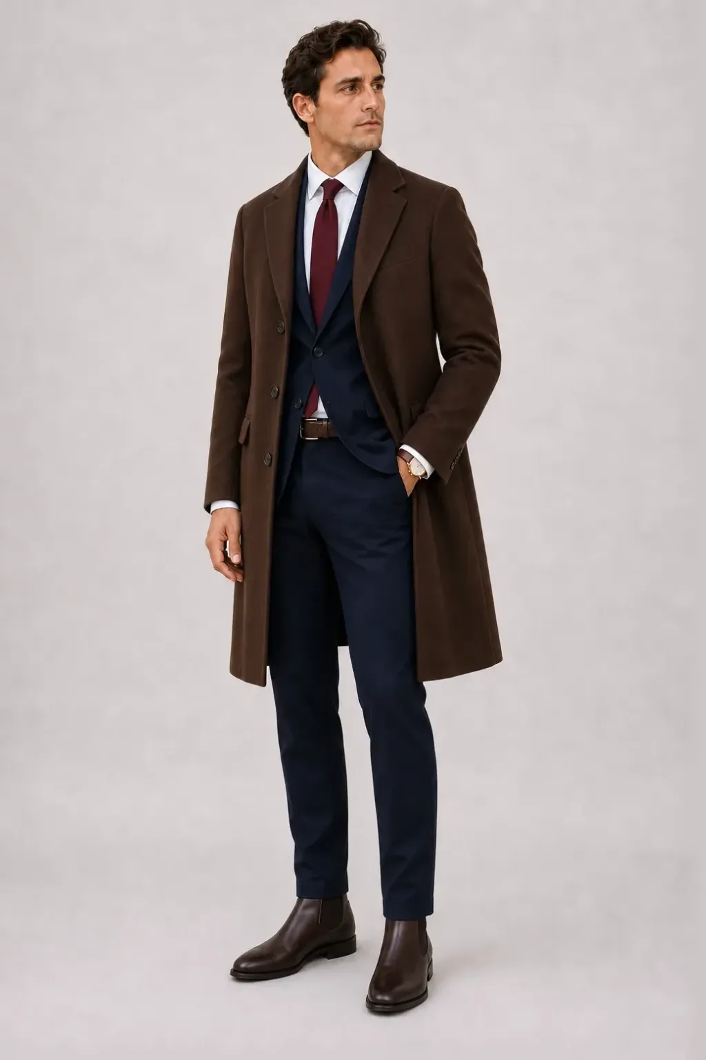Langer Mantel Schokobraun über Sakko Navy und Business-Hemd Weiss, dazu Chino Navy und Chelsea Boot