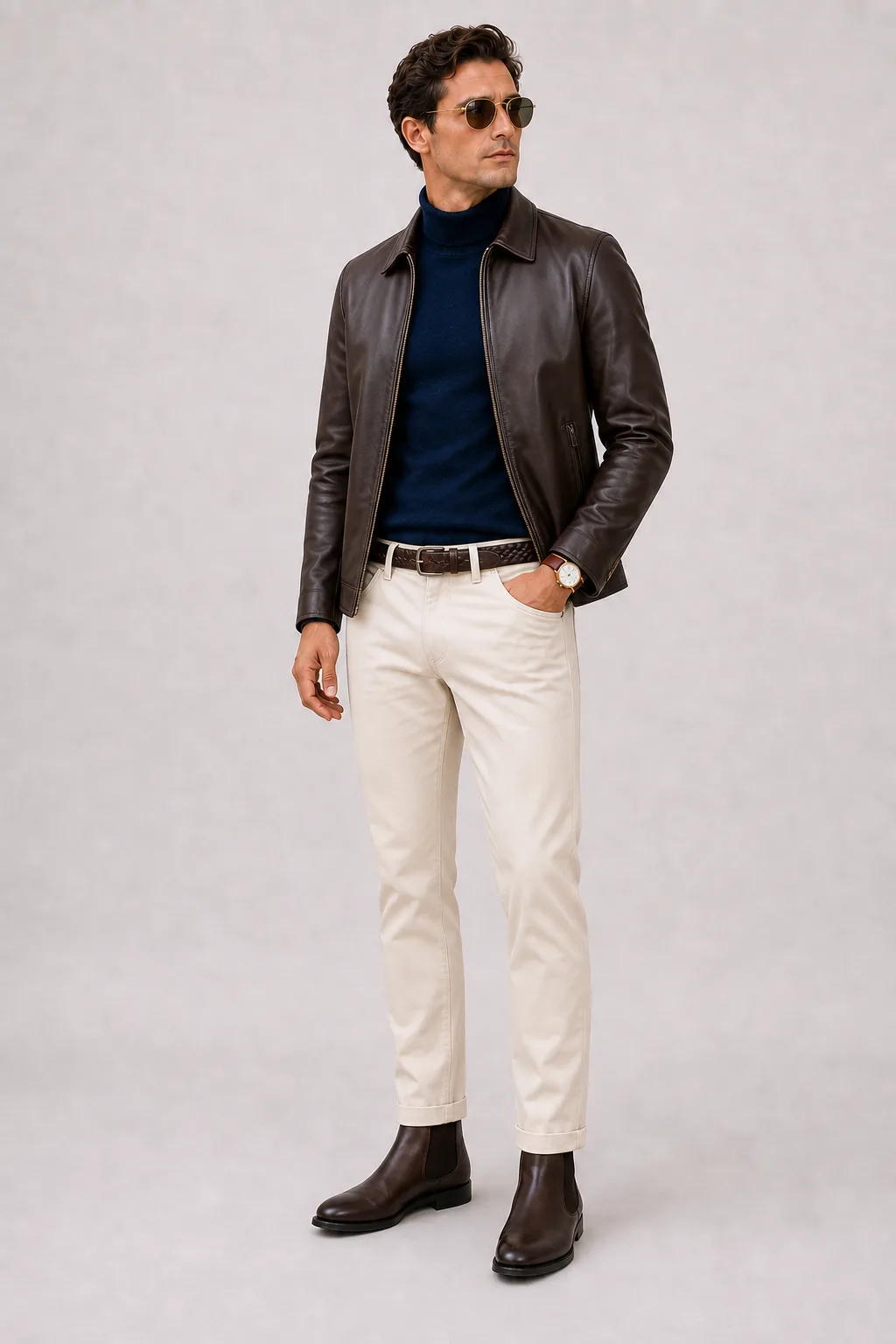 Wildlederjacke Schokobraun über T-Shirt, dazu Chino Creme und Penny Loafer Wildleder — ≈ Rollkragenpullover statt T-Shirt Lederjacke statt Wildlederjacke +1