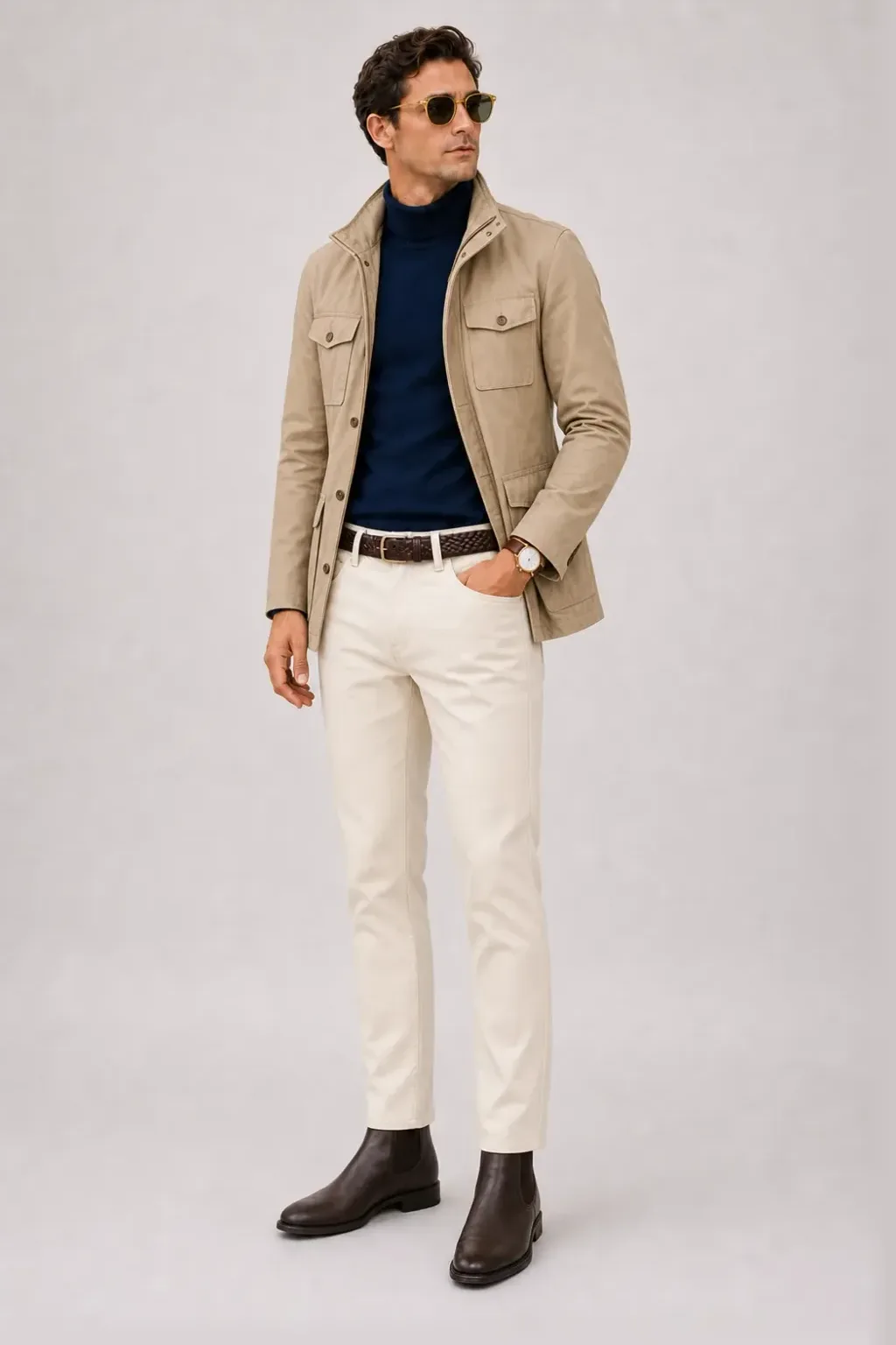 Field Jacket Beige über Rollkragenpullover, dazu Chino Creme und Chelsea Boot