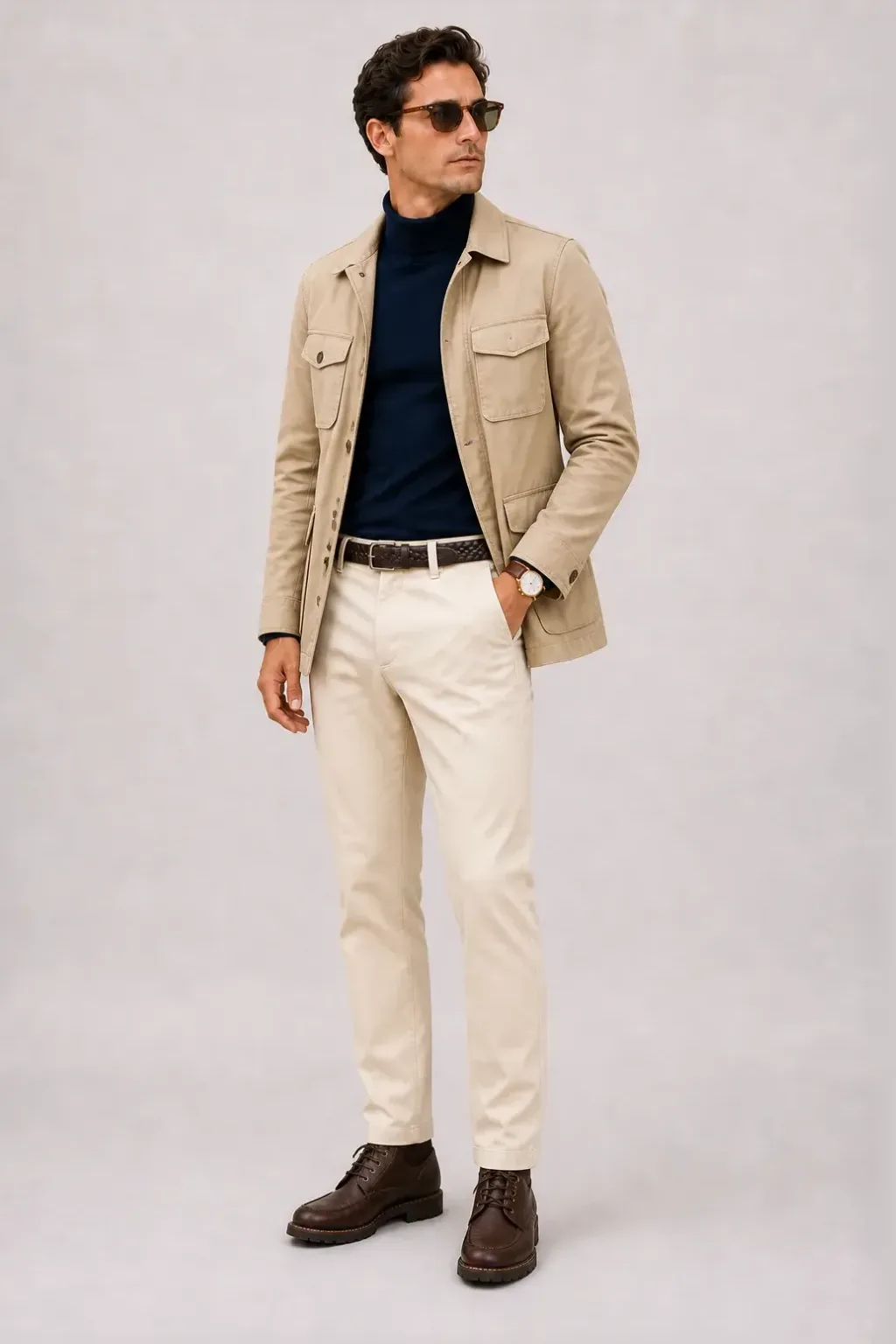 Field Jacket Beige über Rollkragenpullover, dazu Chino Creme und Chelsea Boot