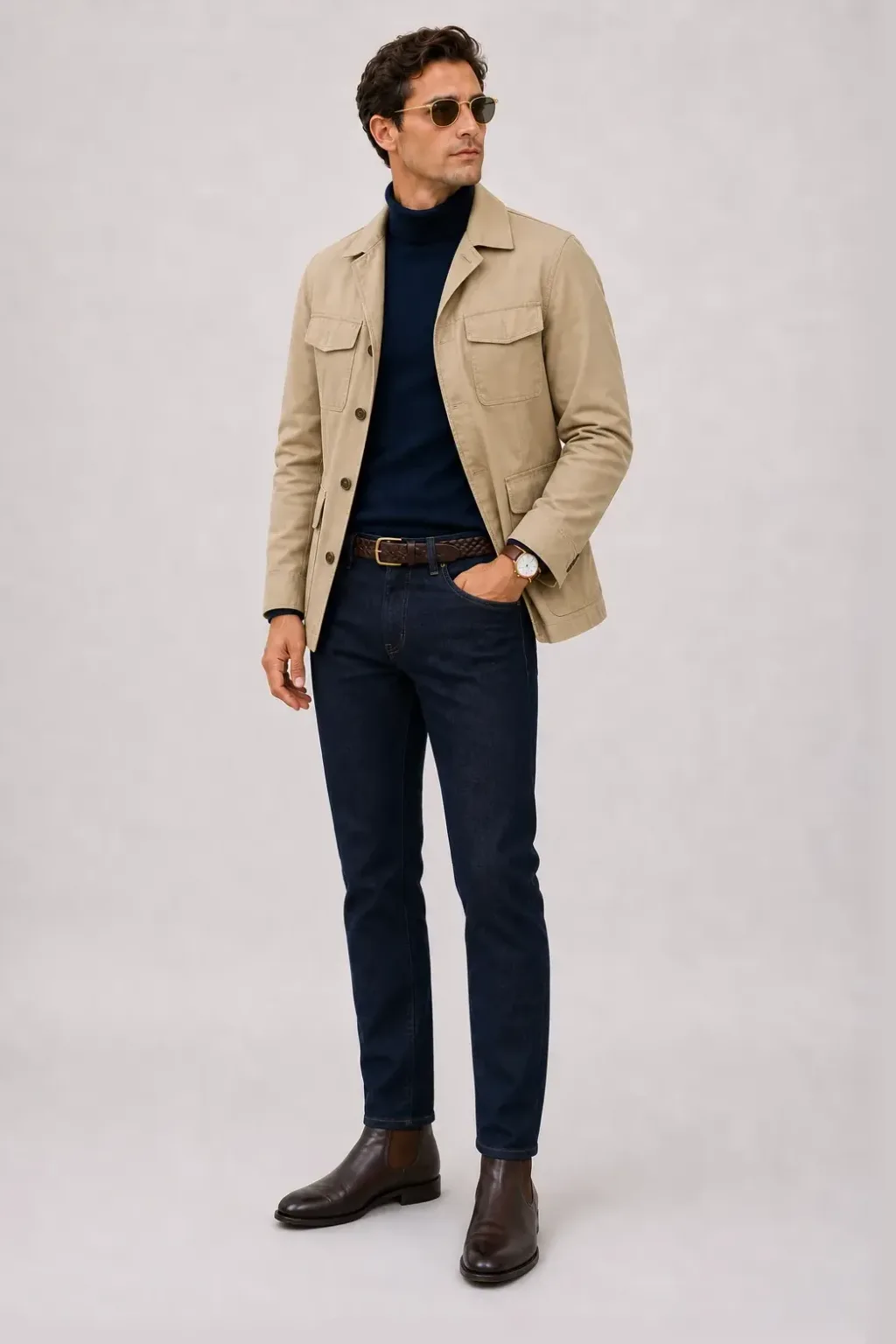 Field Jacket Beige über Rollkragenpullover, dazu Jeans Navy und Chelsea Boot