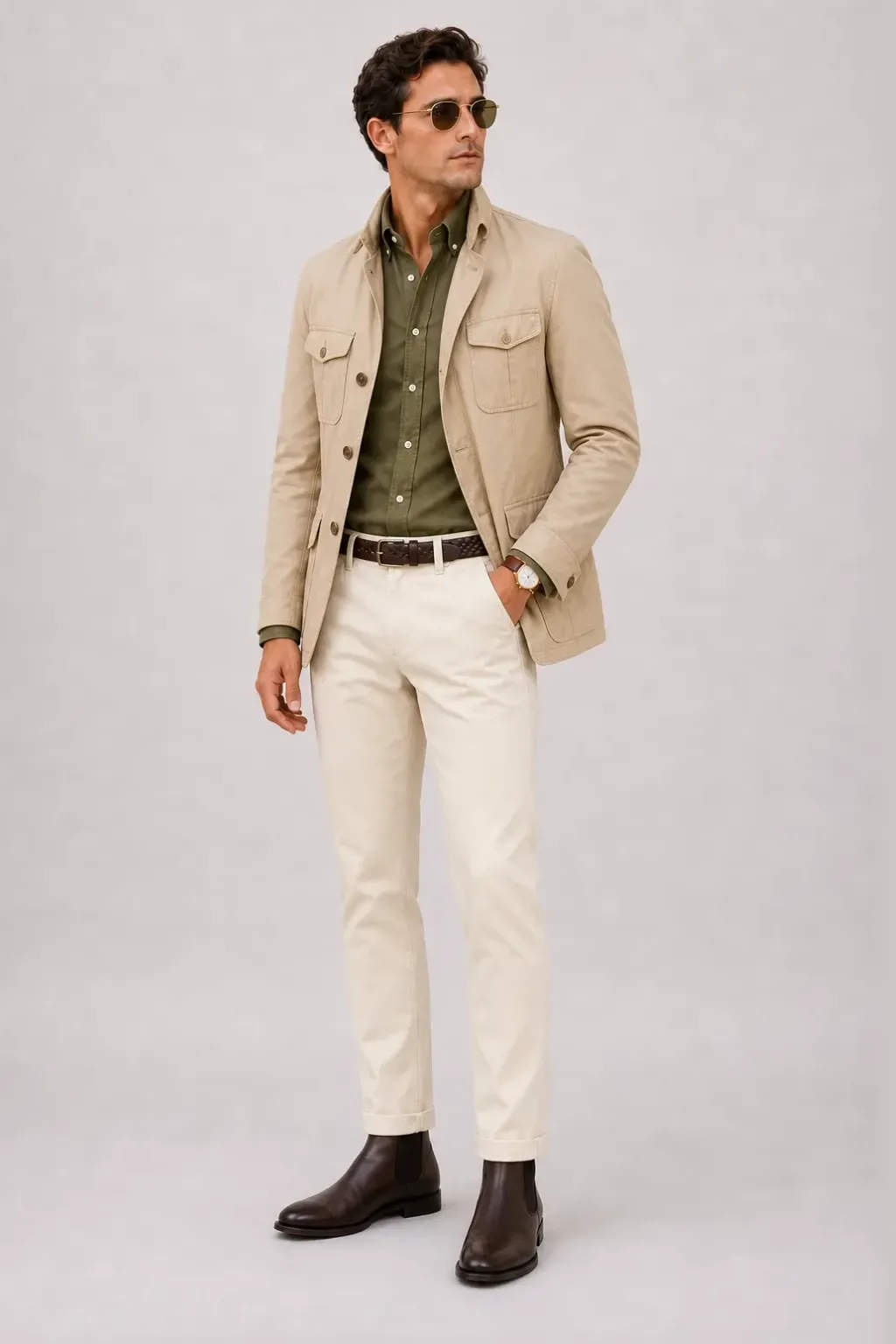 Field Jacket Beige über Button-Down-Hemd, dazu Chino Creme und Chelsea Boot