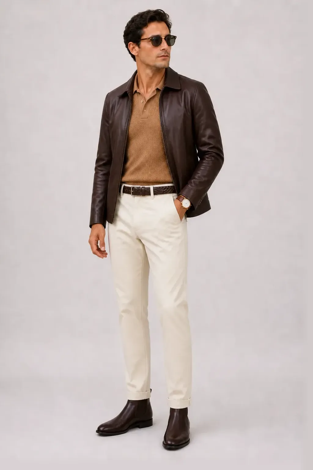 Lederjacke Dunkelbraun über Strickpolo, dazu Chino Creme und Chelsea Boot