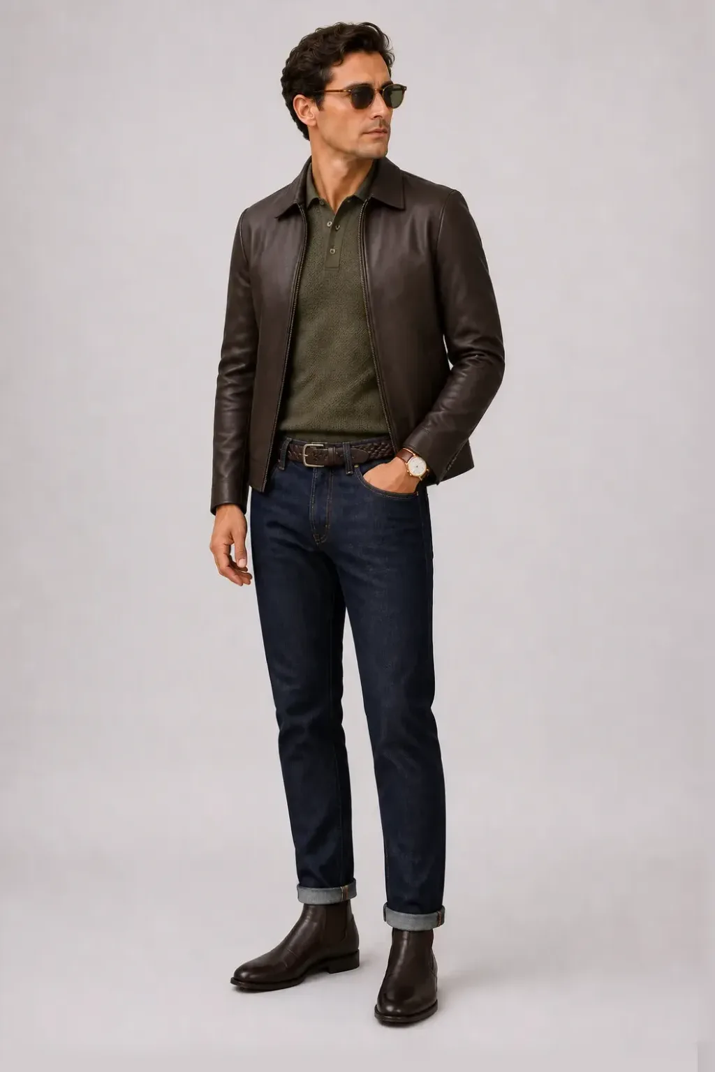 Lederjacke Dunkelbraun über Strickpolo Camel, dazu Jeans Navy und Chelsea Boot — Strickpolo Oliv