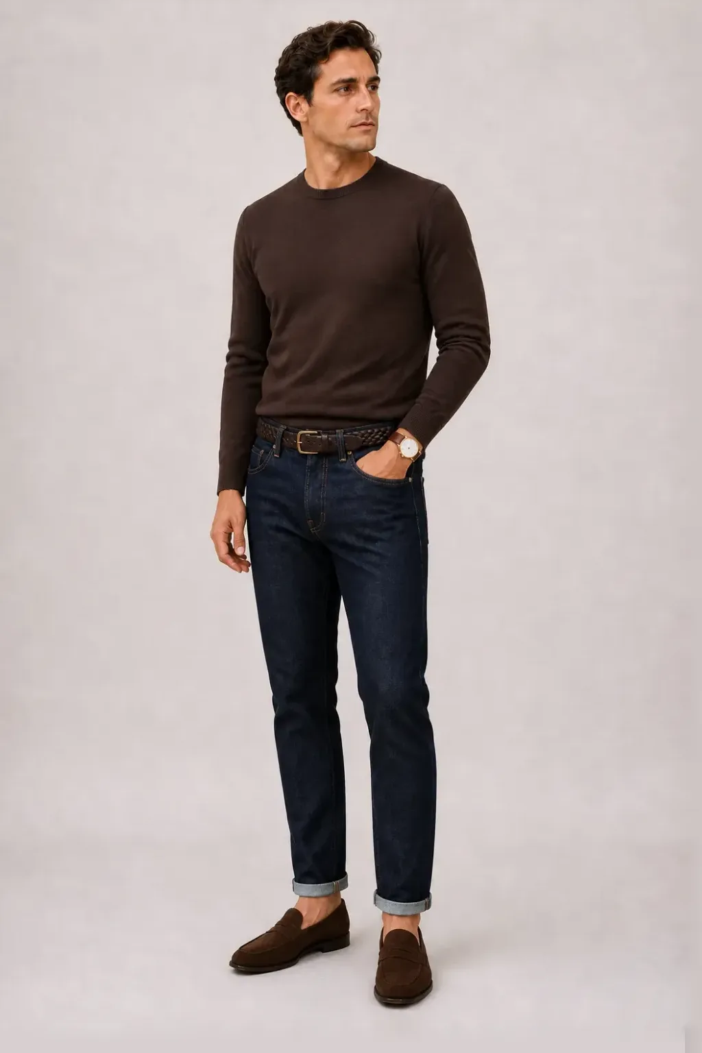 Crewneck-Pullover Feinstrick Schokobraun, dazu Cordhose Oliv und Penny Loafer Wildleder — Jeans Navy