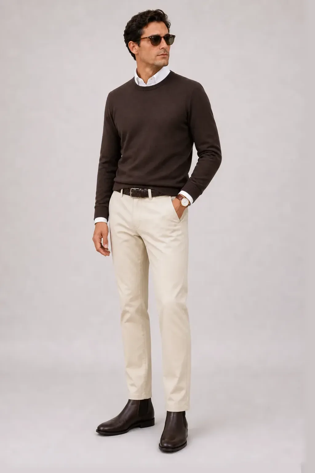 V-Neck-Pullover Feinstrick Beige über Button-Down-Hemd, dazu Chino Creme und Chelsea Boot — Crewneck-Pullover Feinstrick Schokobraun
