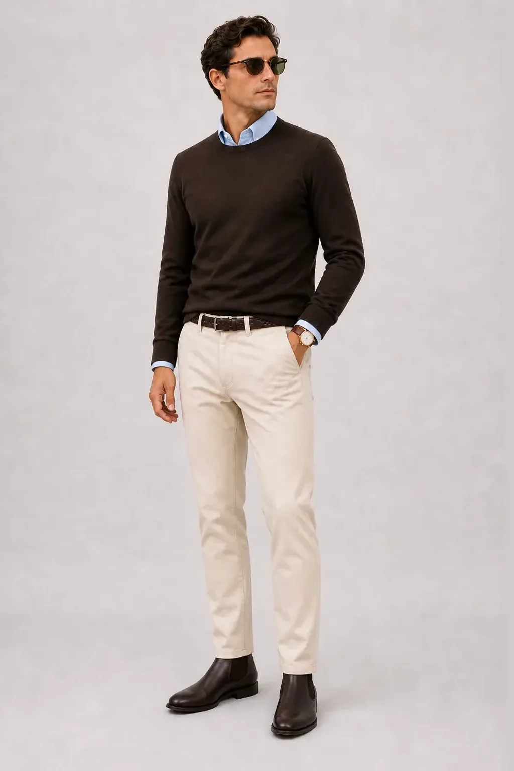 Crewneck-Pullover Feinstrick Schokobraun über Button-Down-Hemd, dazu Chino Creme und Chelsea Boot — Button-Down-Hemd Hellblau