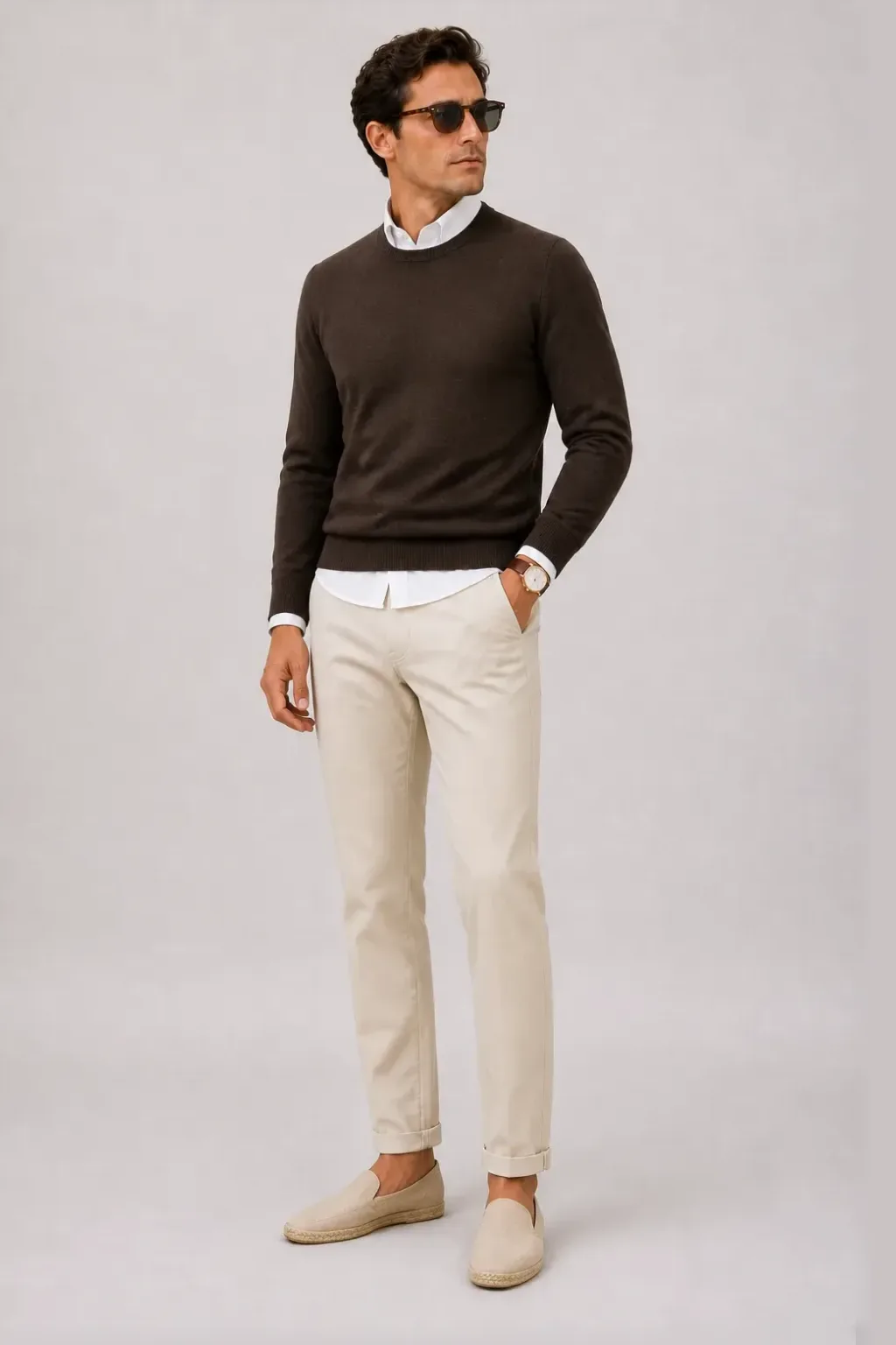 Crewneck-Pullover Feinstrick Schokobraun über Button-Down-Hemd, dazu Chino Creme und Chelsea Boot