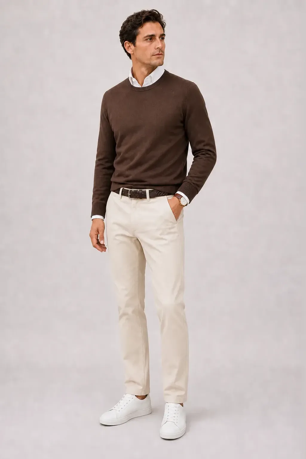 Crewneck-Pullover Feinstrick Schokobraun über Button-Down-Hemd, dazu Chino Creme und Chelsea Boot