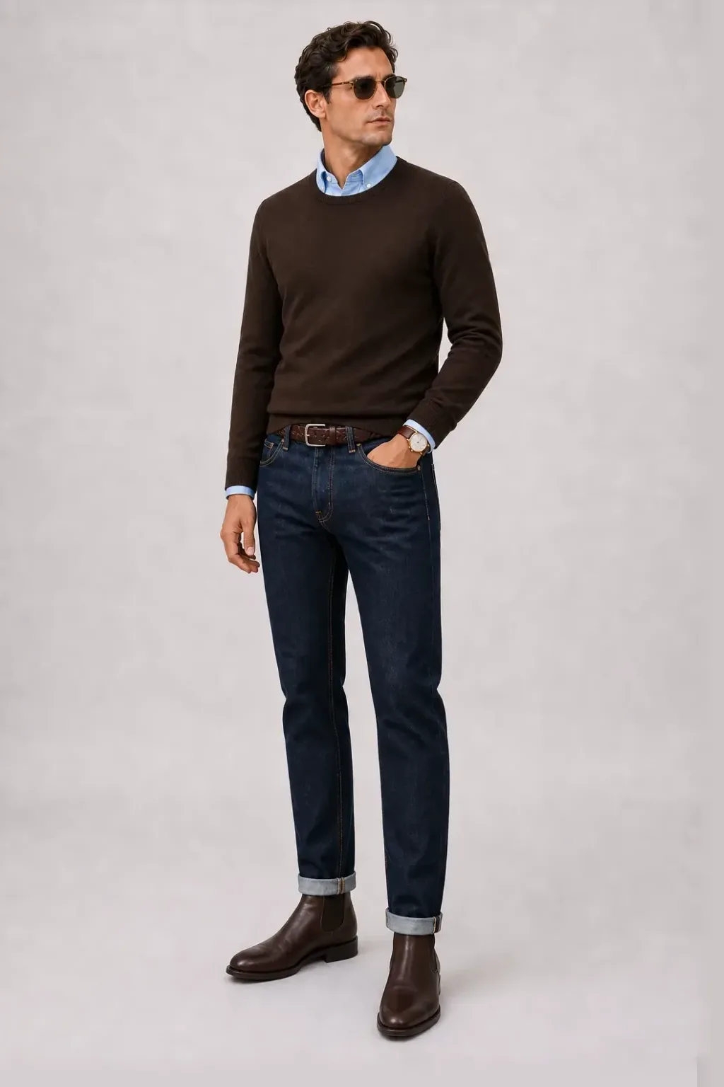 Crewneck-Pullover Feinstrick Schokobraun über Button-Down-Hemd, dazu Jeans Navy und Chelsea Boot