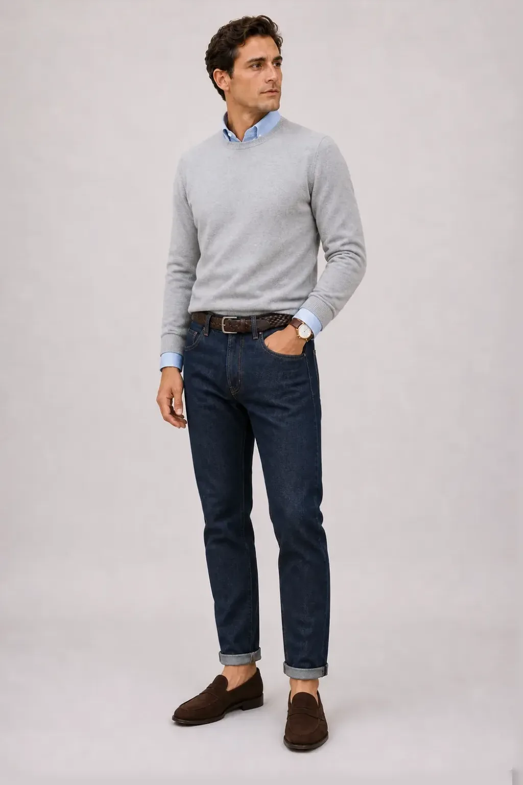 Crewneck-Pullover Feinstrick Hellgrau über Button-Down-Hemd, dazu Jeans Navy und Penny Loafer Wildleder