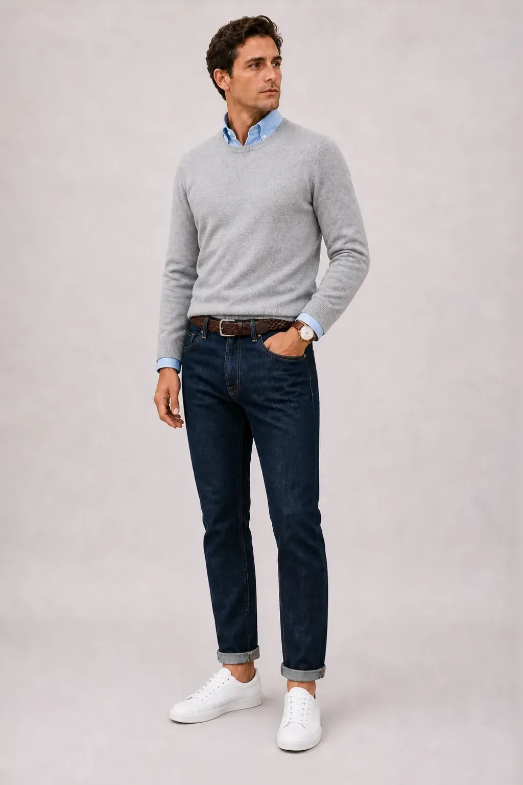 Crewneck-Pullover Feinstrick Hellgrau über Button-Down-Hemd, dazu Jeans Navy und Penny Loafer Wildleder
