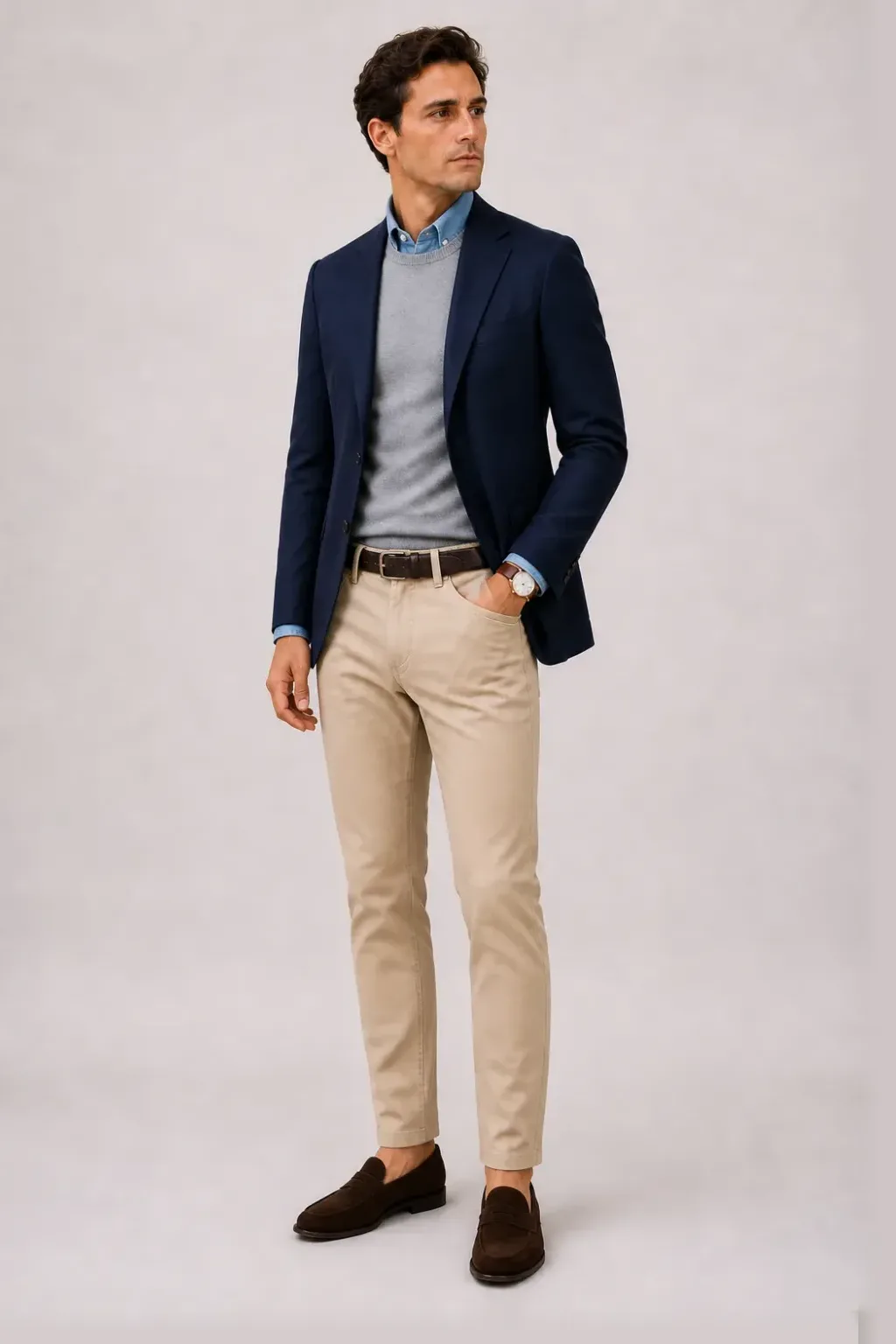Sakko Navy über Crewneck-Pullover Feinstrick Hellgrau und Denim-Hemd Hellblau, dazu Chino Beige und Penny Loafer Wildleder