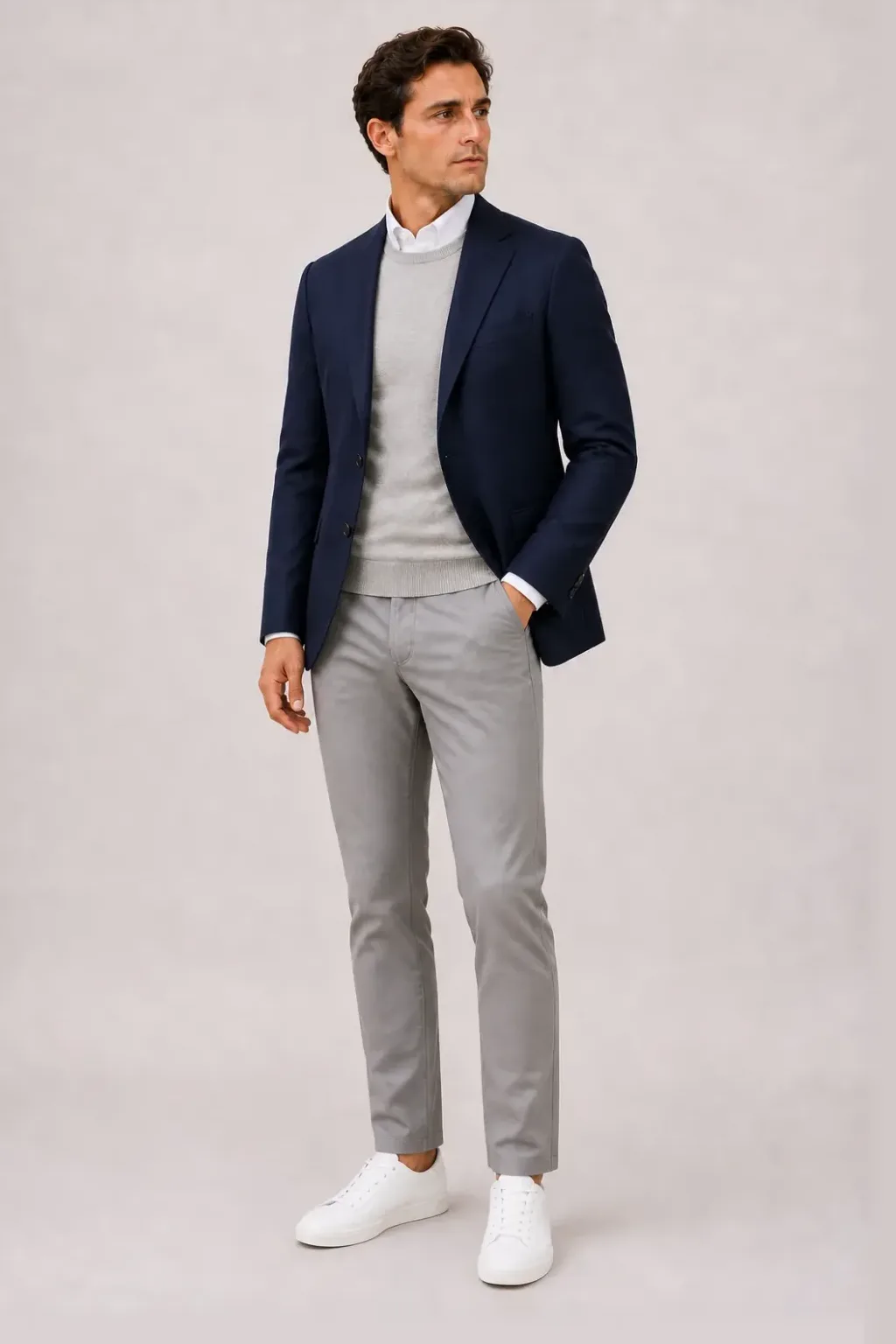 Sakko Navy über Crewneck-Pullover Feinstrick Hellgrau und Button-Down-Hemd Weiss, dazu Chino Mittelgrau und Sneaker