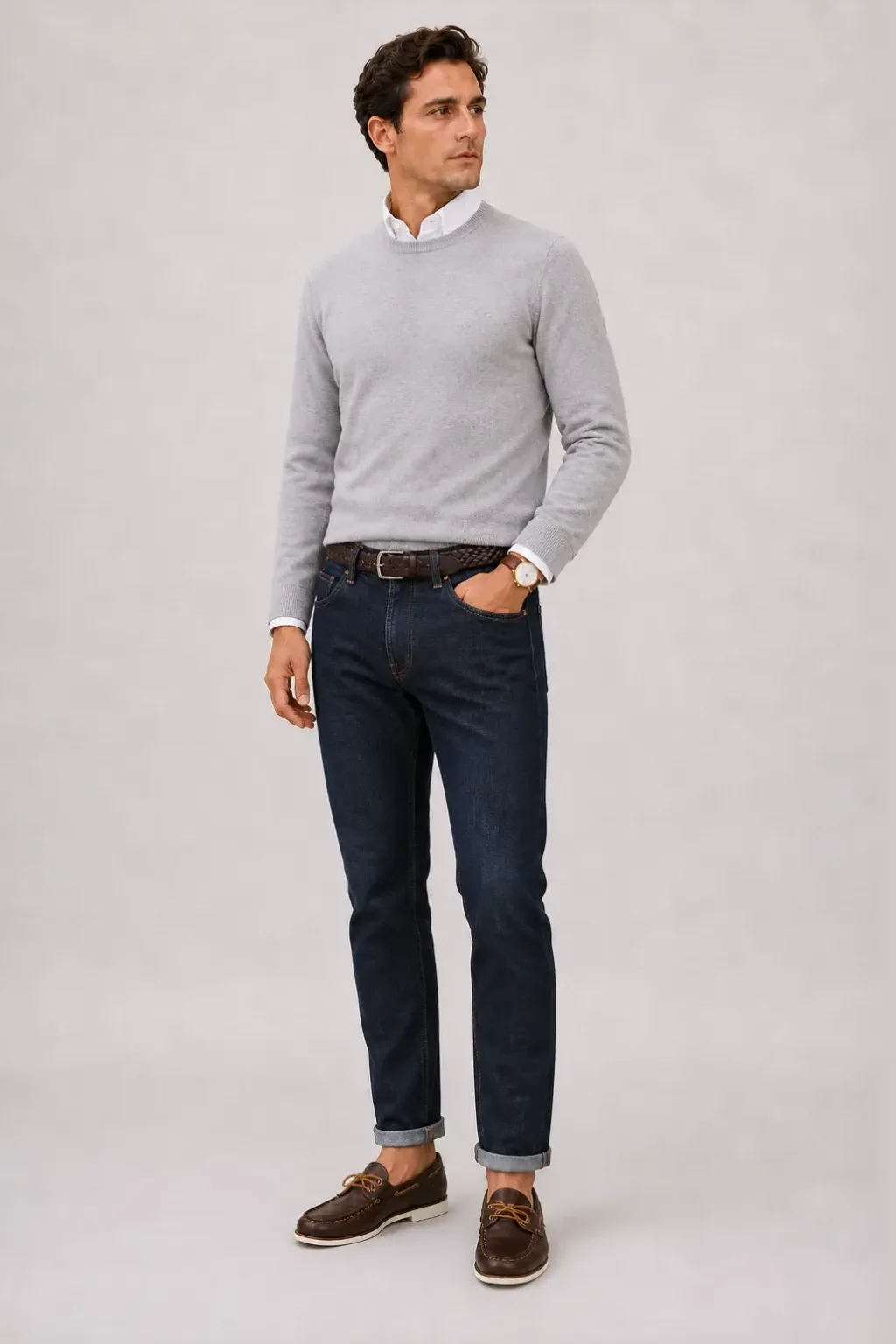 Crewneck-Pullover Feinstrick Hellgrau über Button-Down-Hemd, dazu Jeans Navy und Chelsea Boot — Bootsschuh Dunkelbraun