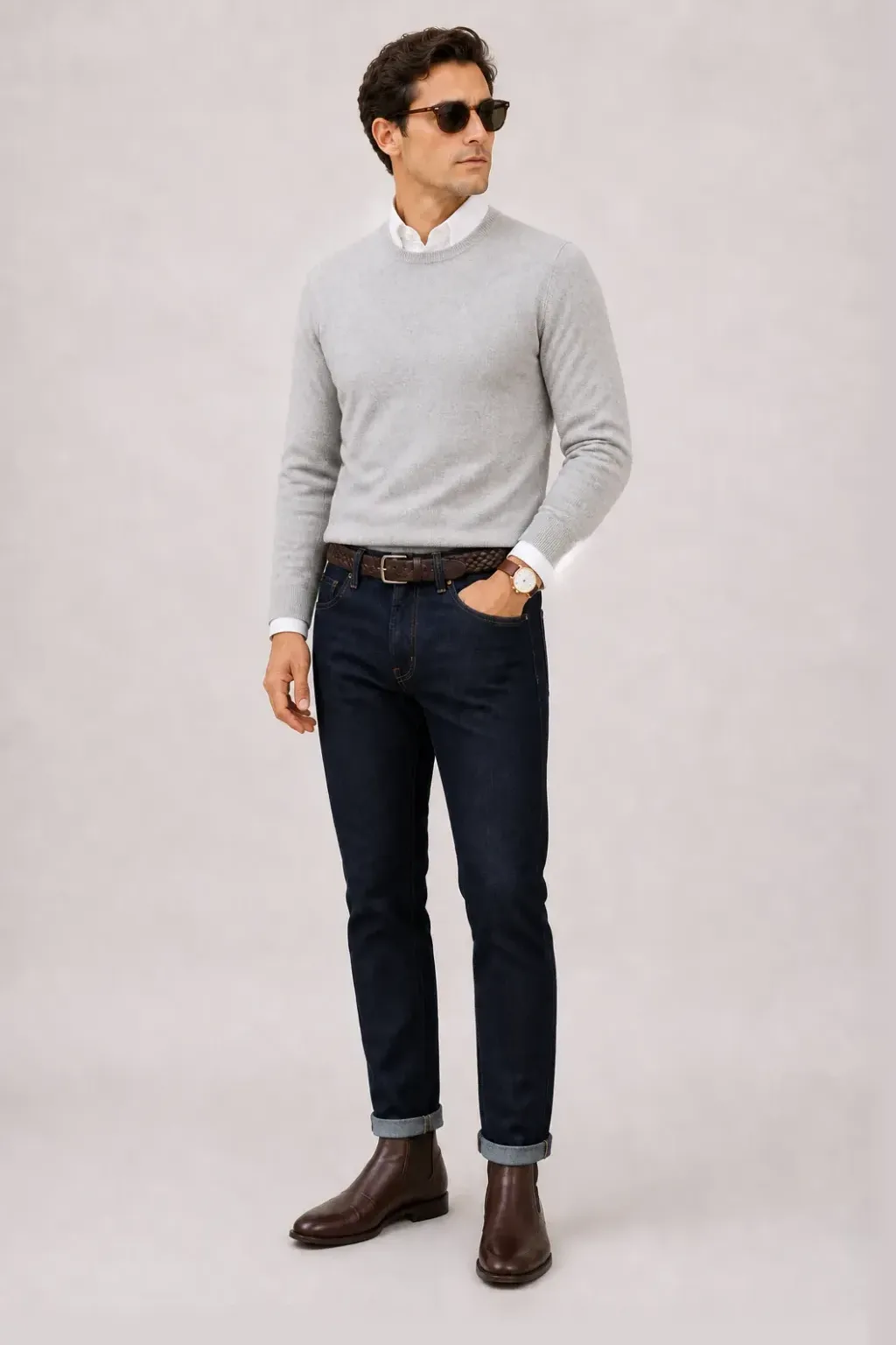 Crewneck-Pullover Feinstrick Hellgrau über Button-Down-Hemd, dazu Jeans Navy und Chelsea Boot — Chelsea Boot Dunkelbraun