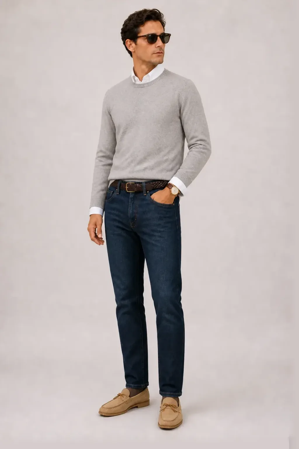 Crewneck-Pullover Feinstrick Hellgrau über Button-Down-Hemd, dazu Jeans Navy und Chelsea Boot — Mokassin Beige