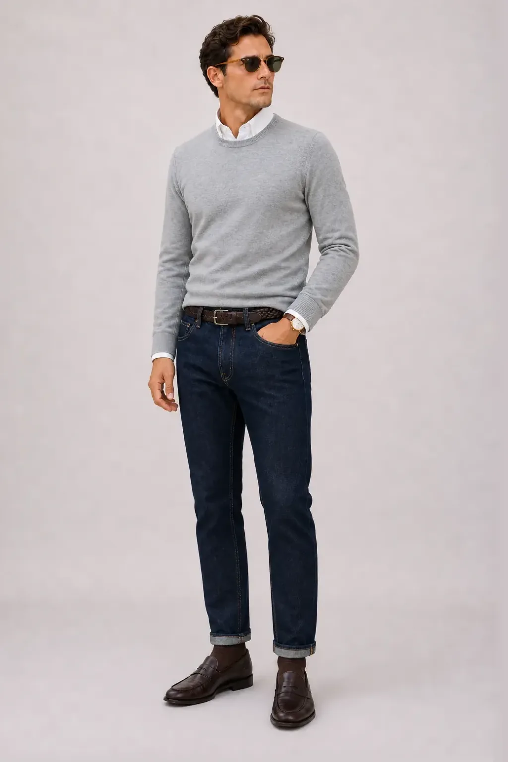 Crewneck-Pullover Feinstrick Hellgrau über Button-Down-Hemd, dazu Jeans Navy und Chelsea Boot — Penny Loafer Dunkelbraun