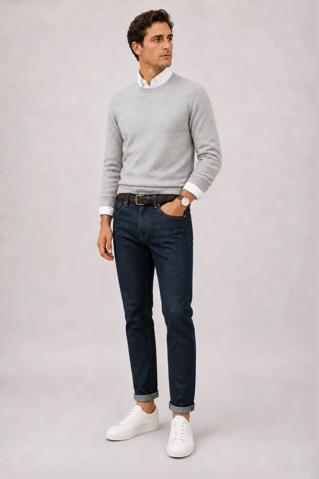 Crewneck-Pullover Feinstrick Hellgrau über Button-Down-Hemd, dazu Jeans Navy und Chelsea Boot — Sneaker Weiss