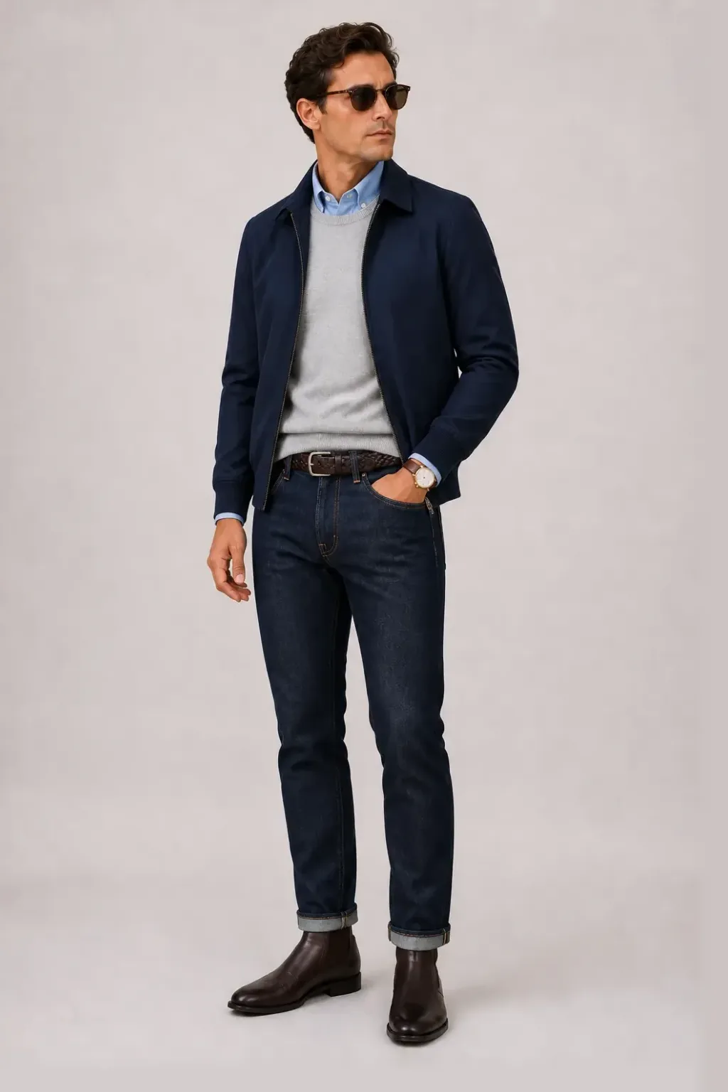Harrington Blouson Navy über T-Shirt, dazu Jeans Navy und Chelsea Boot — Crewneck-Pullover Feinstrick Hellgrau