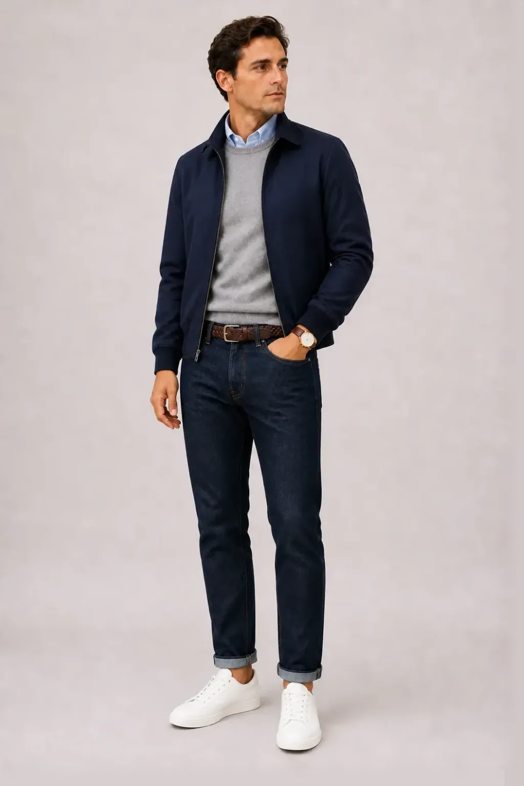 Harrington Blouson Navy über Crewneck-Pullover Feinstrick Hellgrau und Button-Down-Hemd Hellblau, dazu Jeans Navy und Chelsea Boot