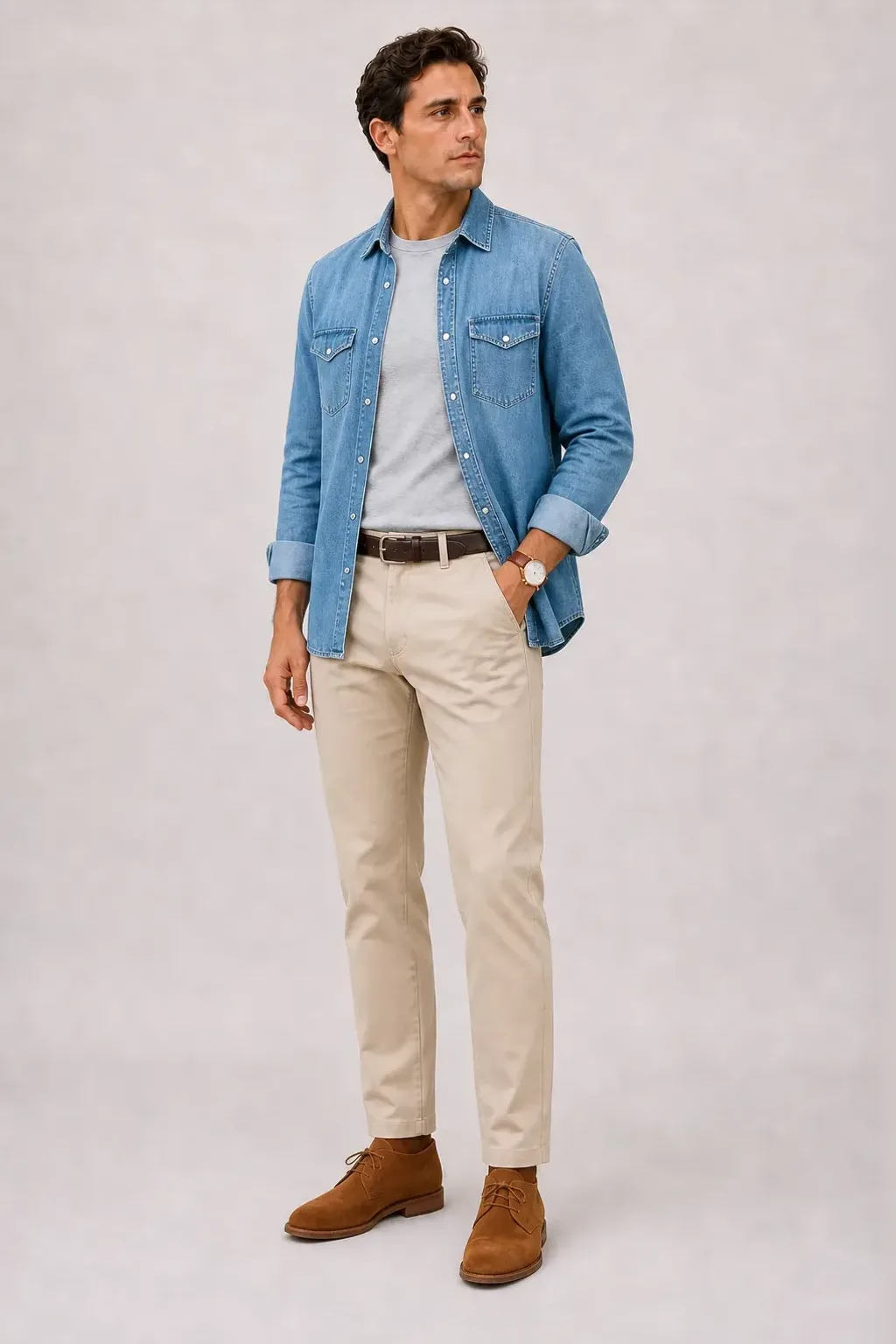 Denim-Hemd Hellblau über T-Shirt, dazu Chino Beige und Chukka Boot