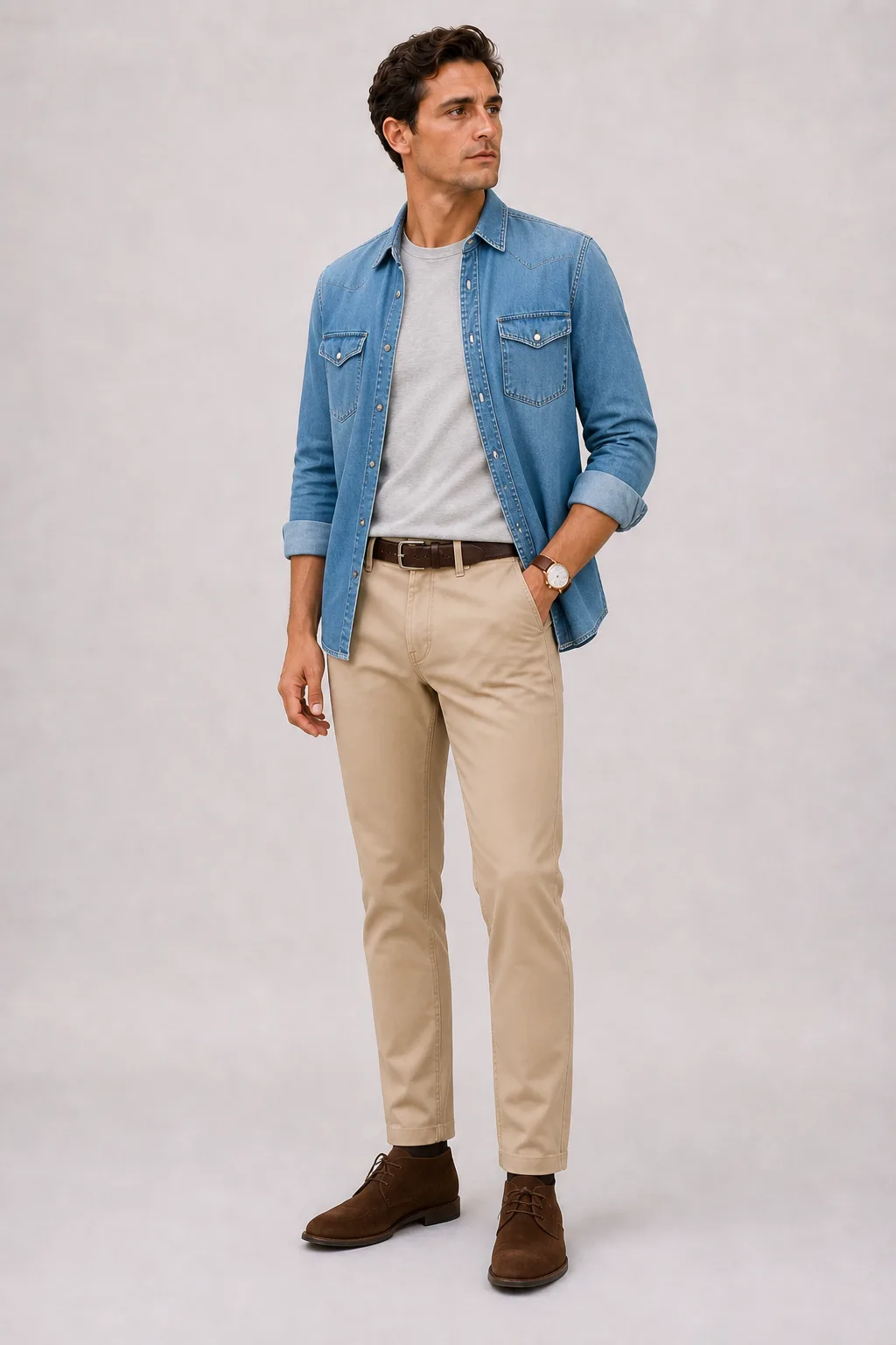 Denim-Hemd Hellblau über T-Shirt, dazu Chino Beige und Chukka Boot — Chukka Boot Schokobraun
