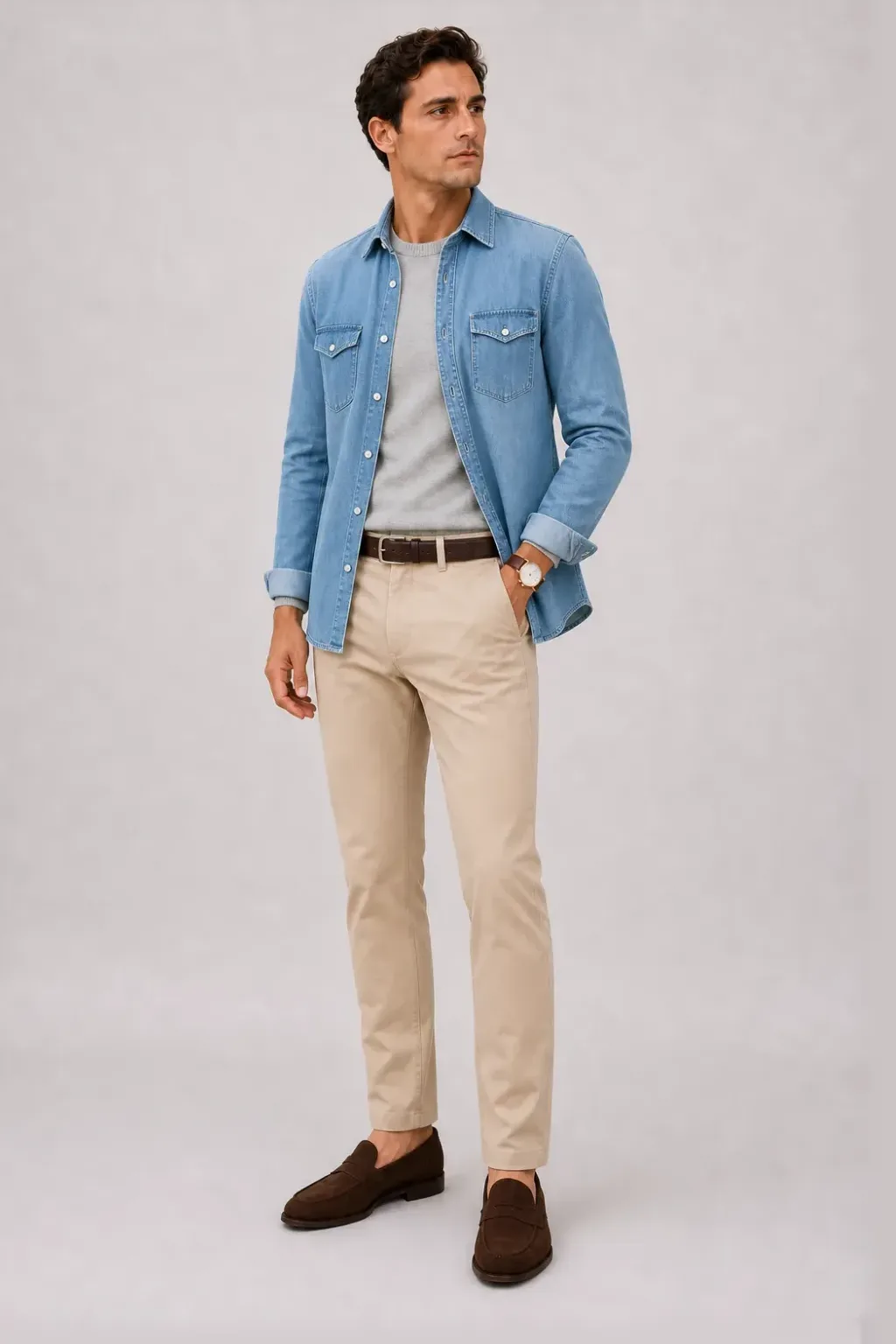 Denim-Hemd Hellblau über T-Shirt, dazu Chino Beige und Chukka Boot