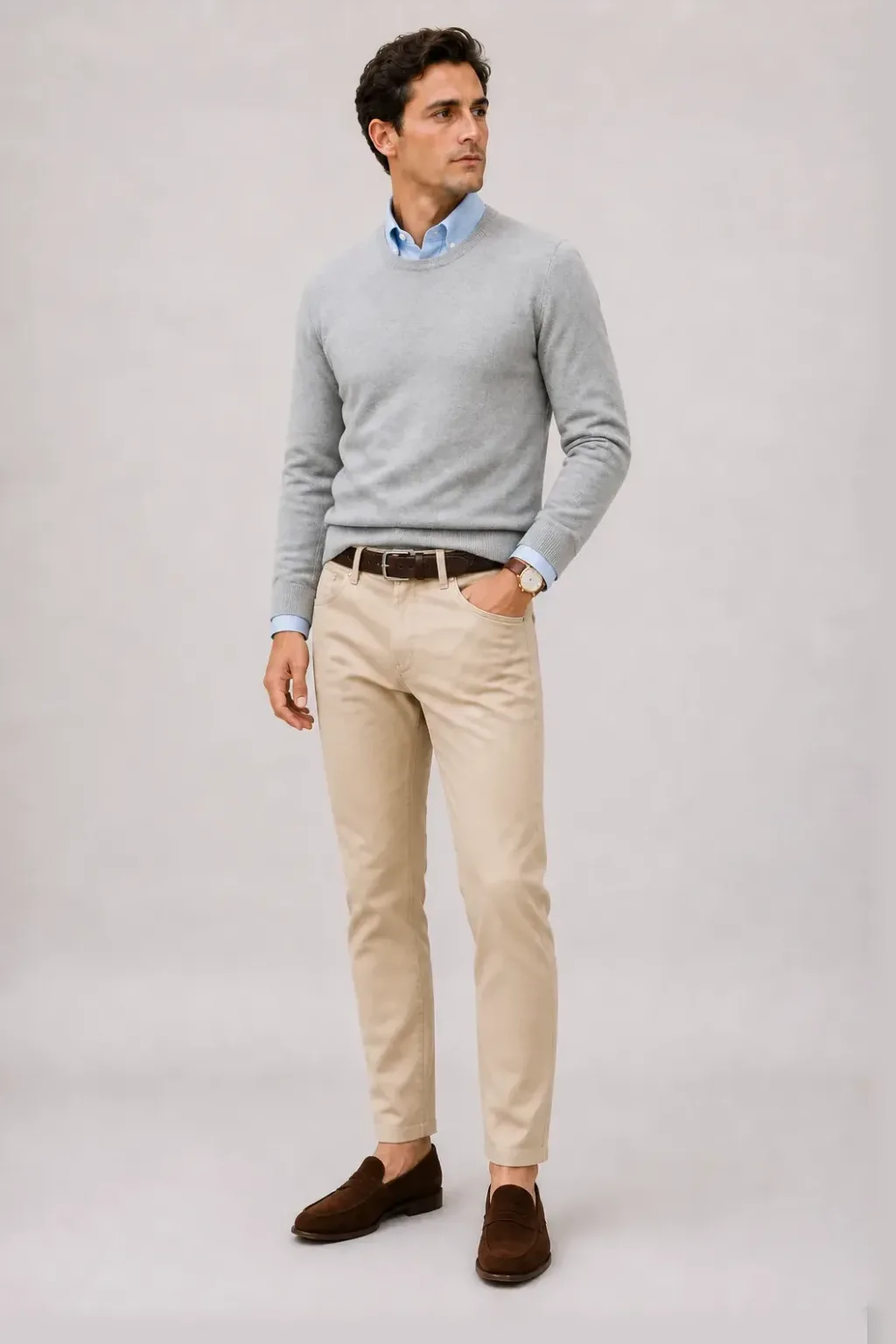 Crewneck-Pullover Feinstrick Hellgrau über Button-Down-Hemd, dazu Chino Beige und Penny Loafer Wildleder