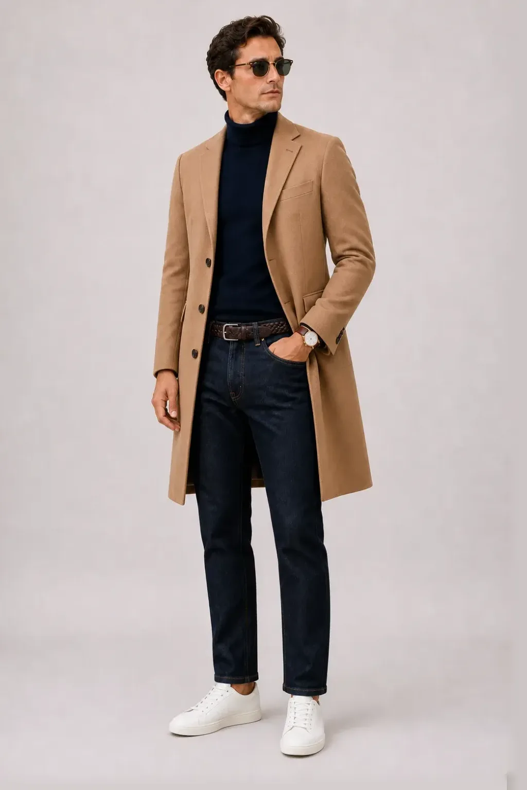 Langer Mantel Camel über Button-Down-Hemd, dazu Jeans Navy und Sneaker — Rollkragenpullover Navy