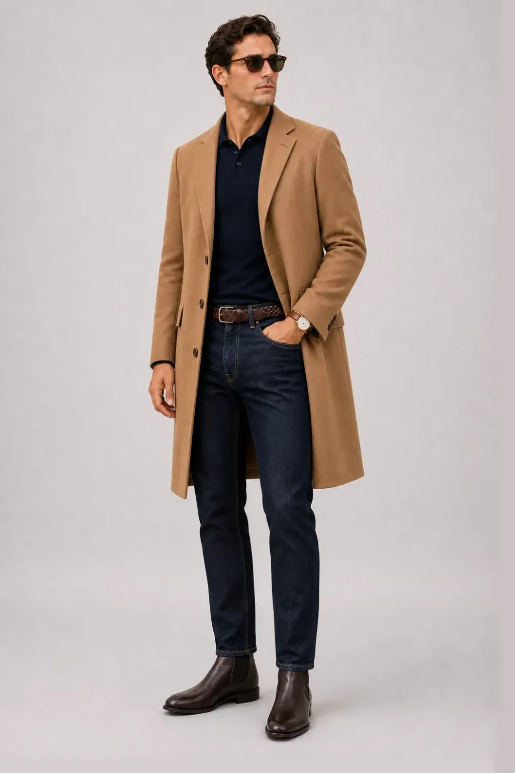 Langer Mantel Camel über Strickpolo Navy, dazu Jeans Navy und Chelsea Boot
