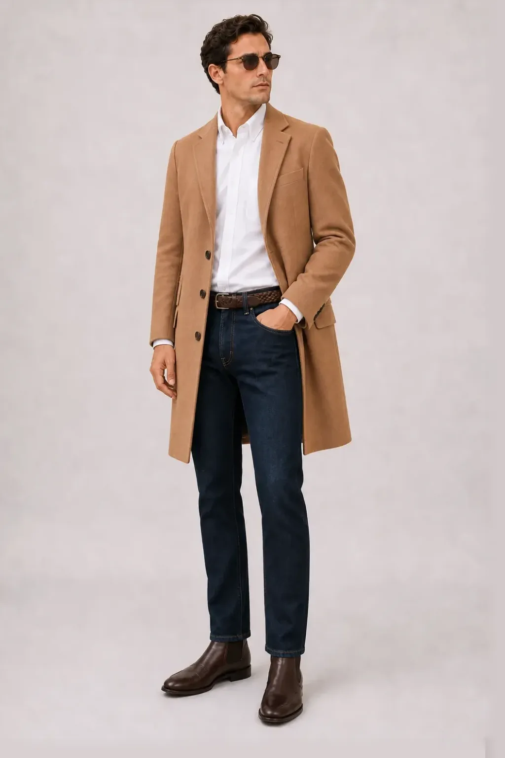 Langer Mantel Camel über Button-Down-Hemd, dazu Jeans Navy und Chelsea Boot