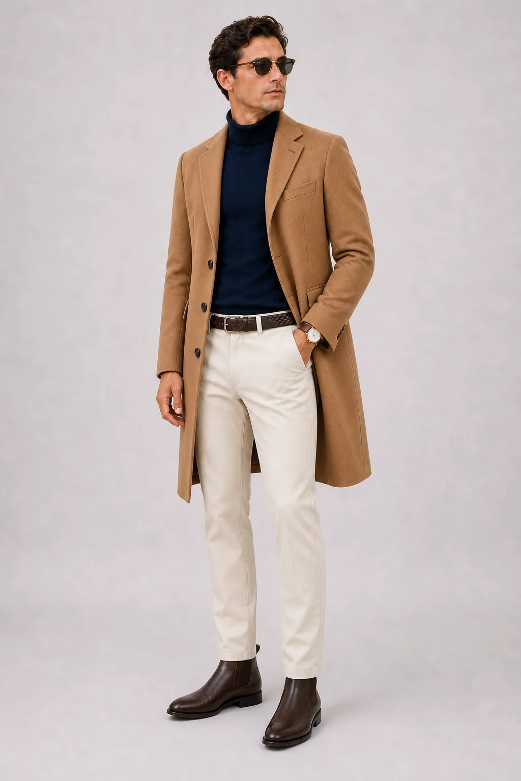 Langer Mantel Camel über Rollkragenpullover, dazu Chino Creme und Chelsea Boot