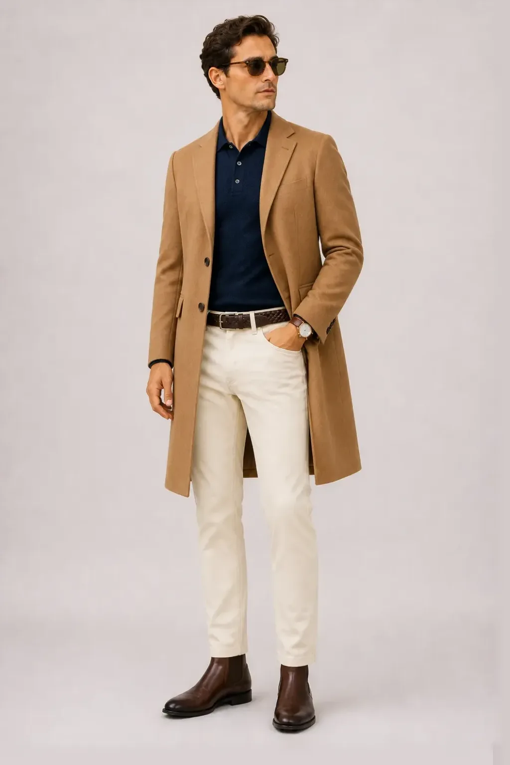 Langer Mantel Camel über Strickpolo Navy, dazu Chino Creme und Chelsea Boot