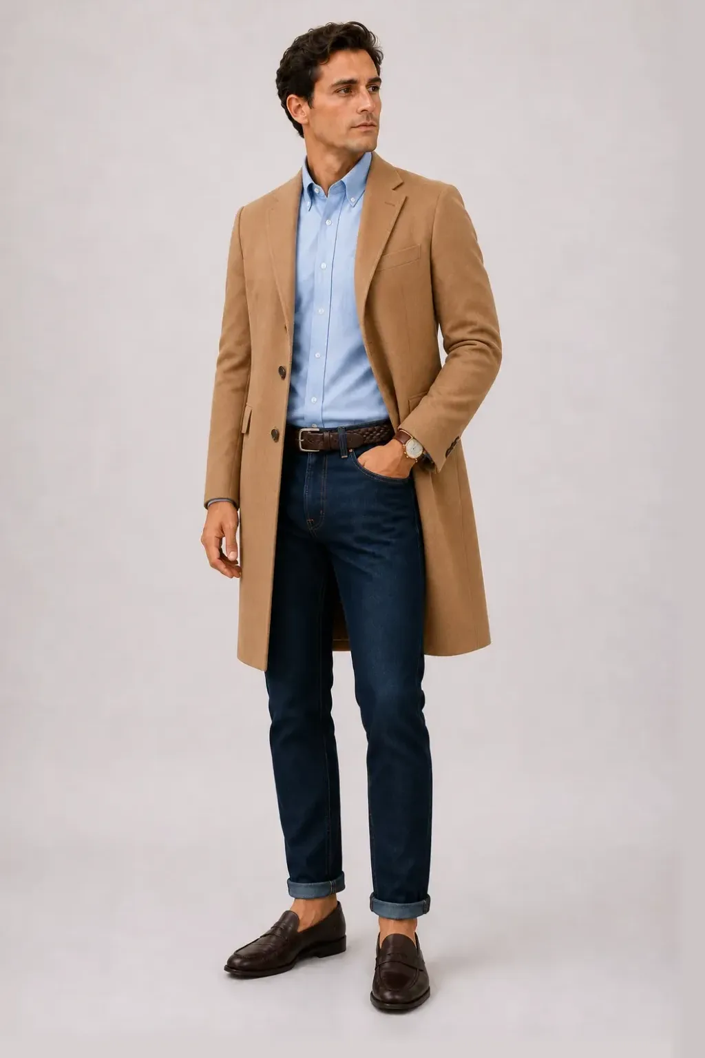 Langer Mantel Camel über Button-Down-Hemd, dazu Jeans Navy und Penny Loafer