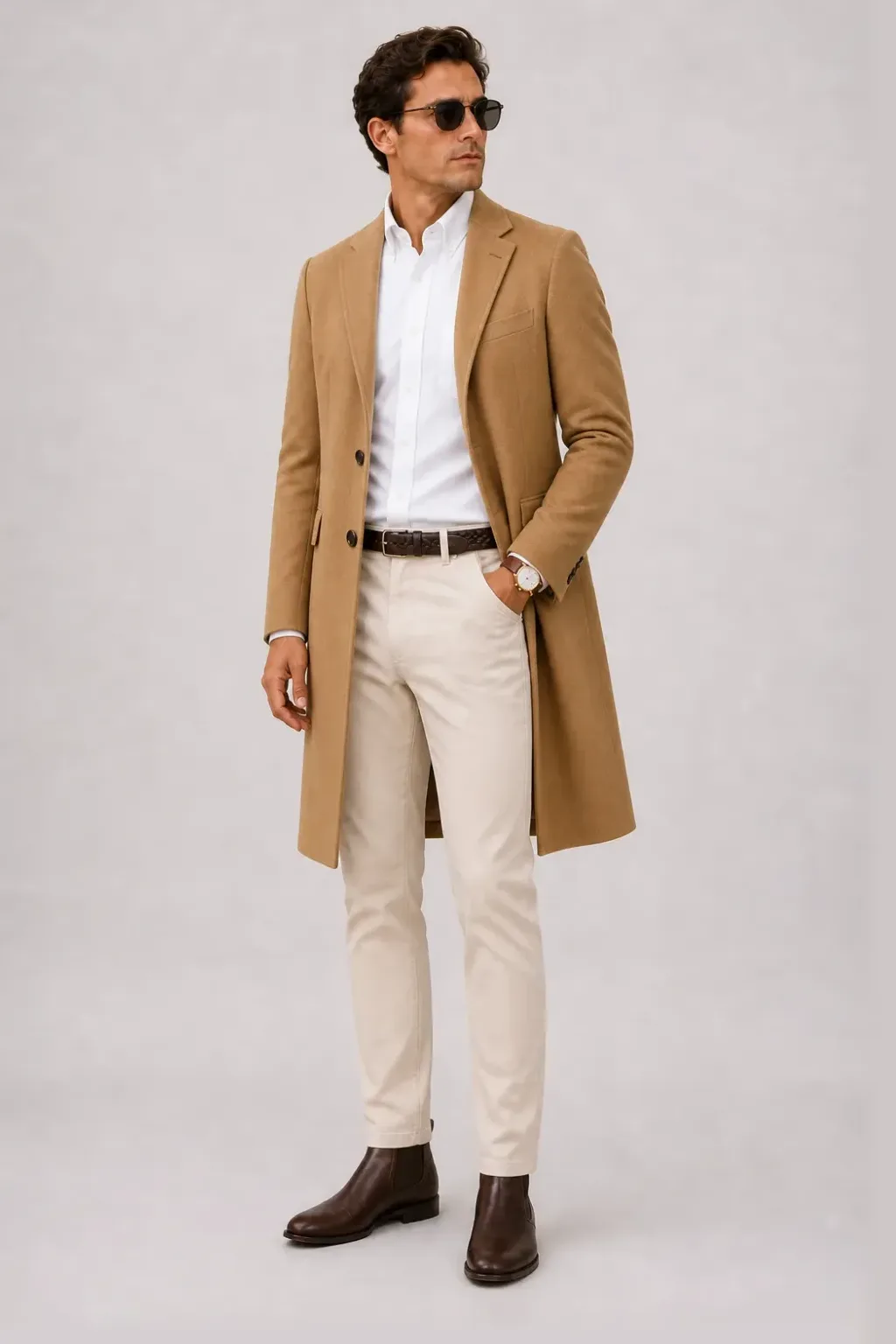 Langer Mantel Camel über Button-Down-Hemd Weiss, dazu Chino Creme und Chelsea Boot