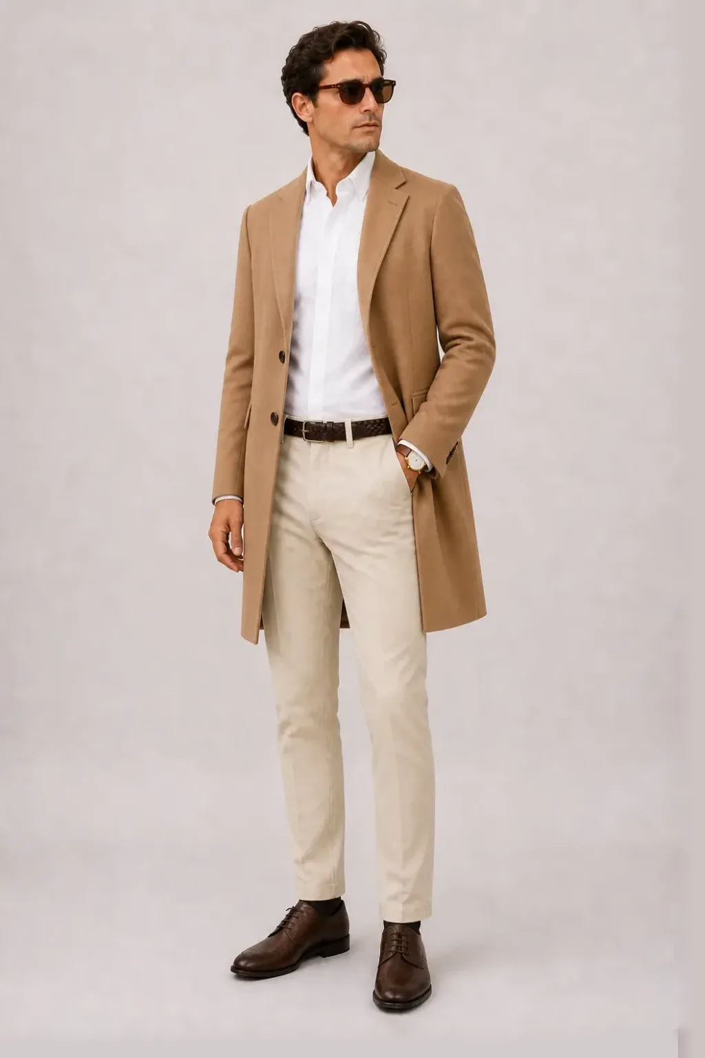 Langer Mantel Camel über Button-Down-Hemd Weiss, dazu Chino Creme und Chelsea Boot