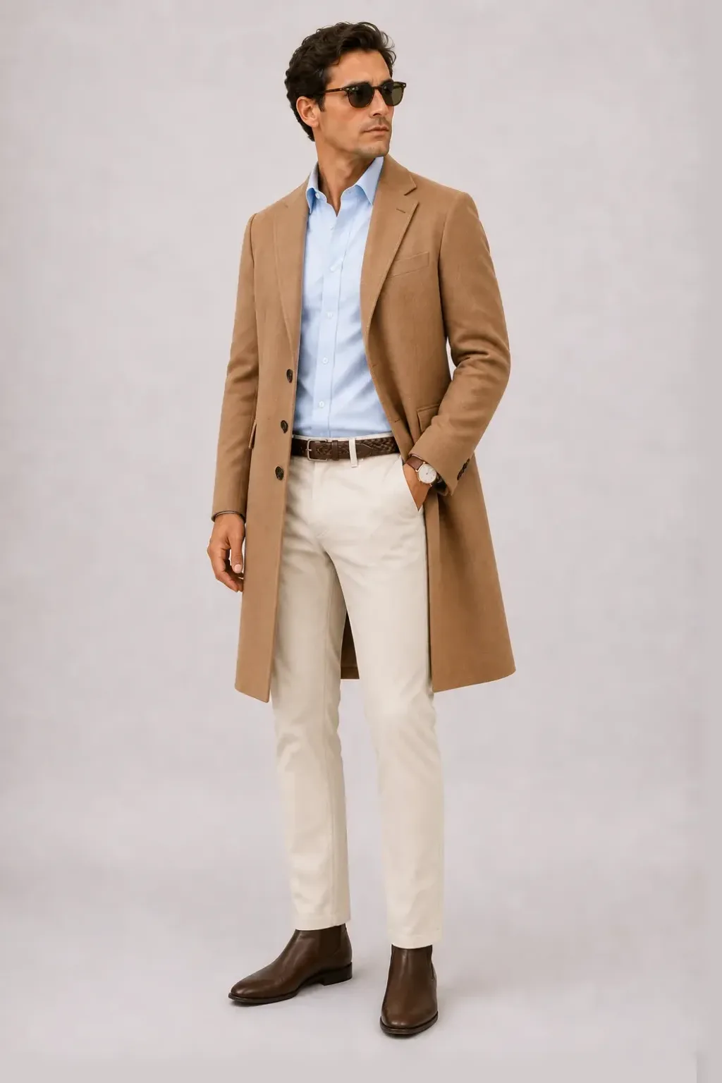Langer Mantel Camel über Button-Down-Hemd Hellblau, dazu Chino Creme und Chelsea Boot