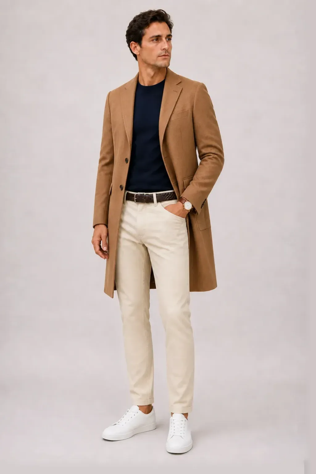 Langer Mantel Camel über T-Shirt, dazu Chino Creme und Sneaker