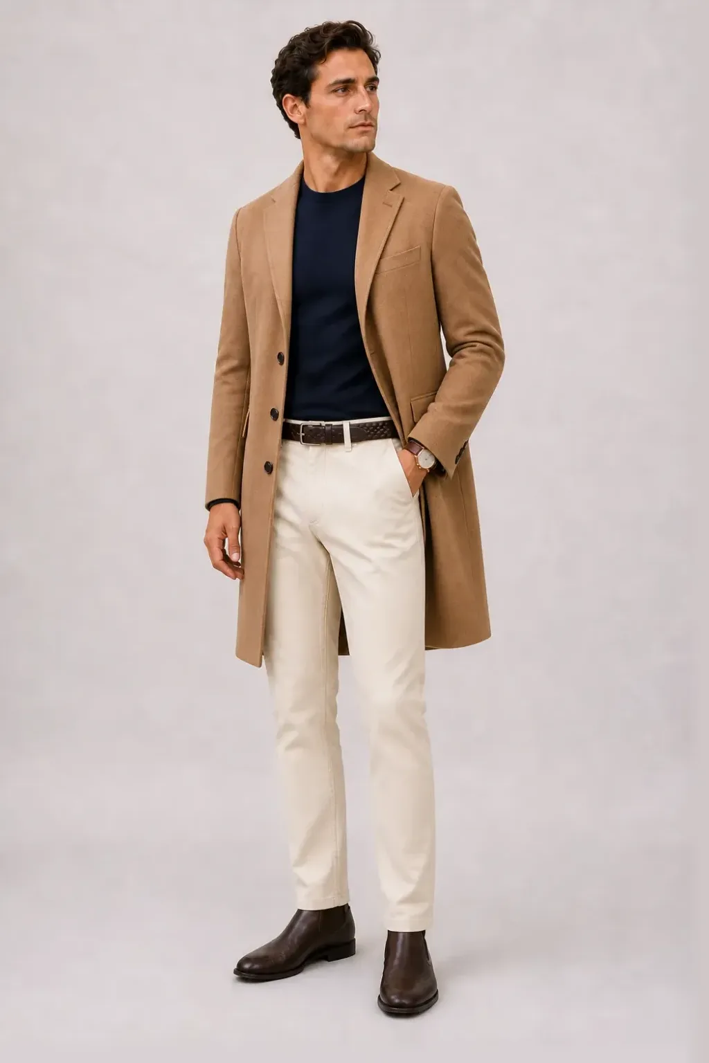 Langer Mantel Camel über T-Shirt, dazu Chino Creme und Sneaker
