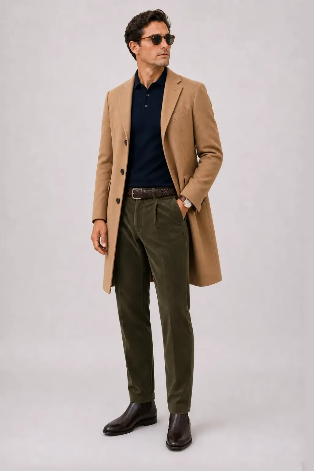 Langer Mantel Camel über Cardigan, dazu Cordhose Oliv und Chelsea Boot — Strickpolo Navy