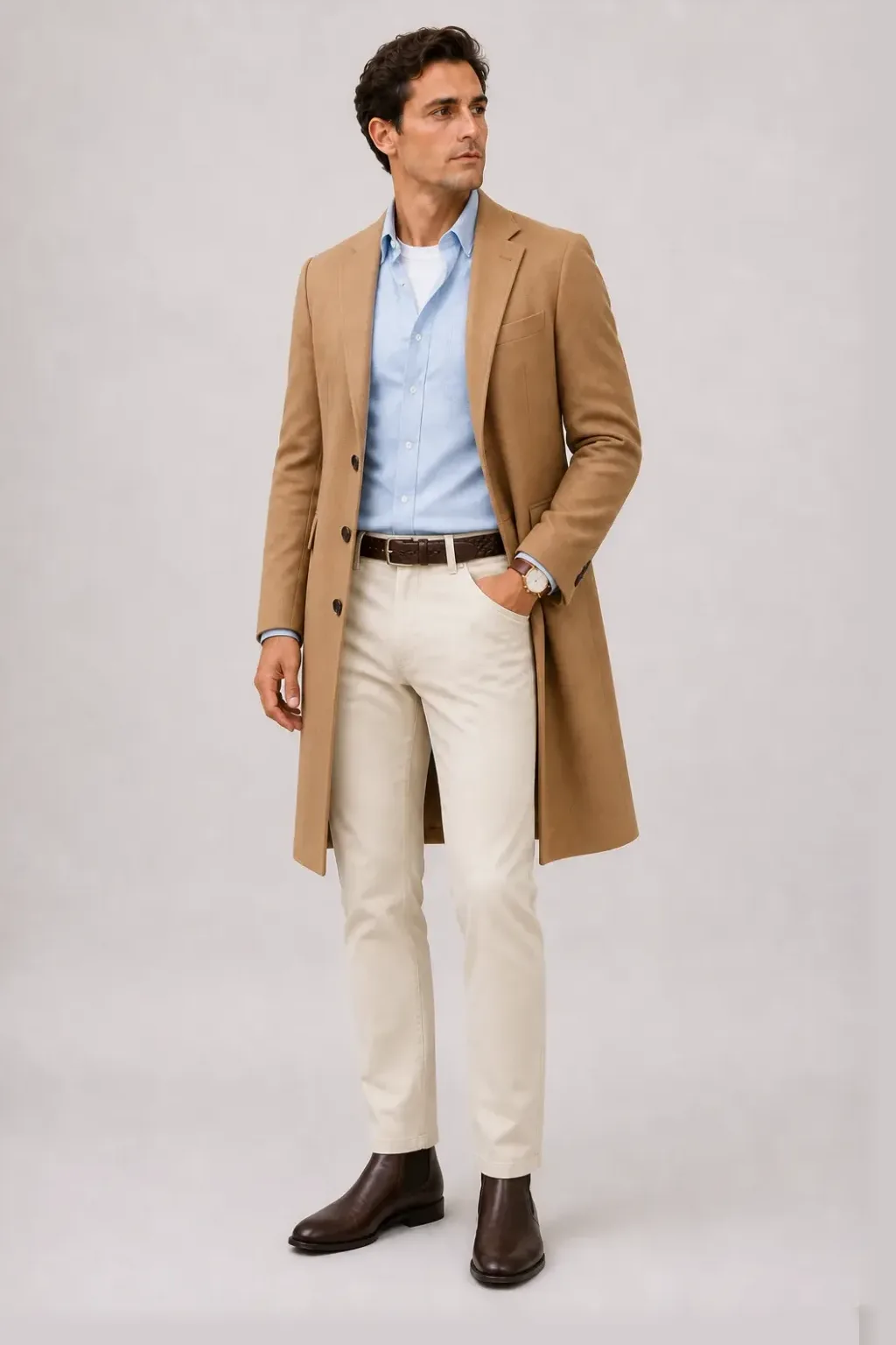 Langer Mantel Camel über Button-Down-Hemd Hellblau und T-Shirt Weiss, dazu Chino Creme und Chelsea Boot