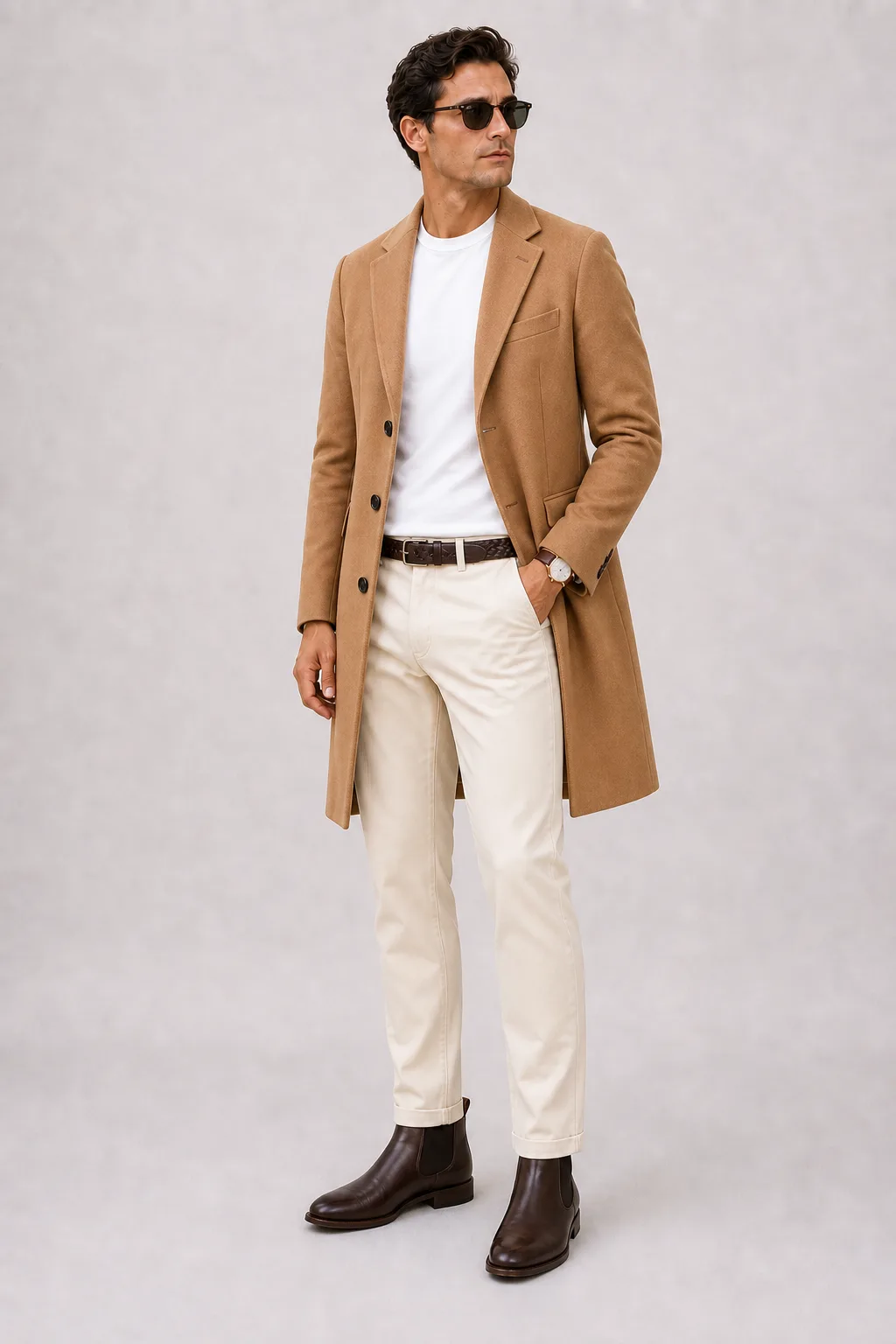 Langer Mantel Camel über T-Shirt, dazu Chino Creme und Chelsea Boot